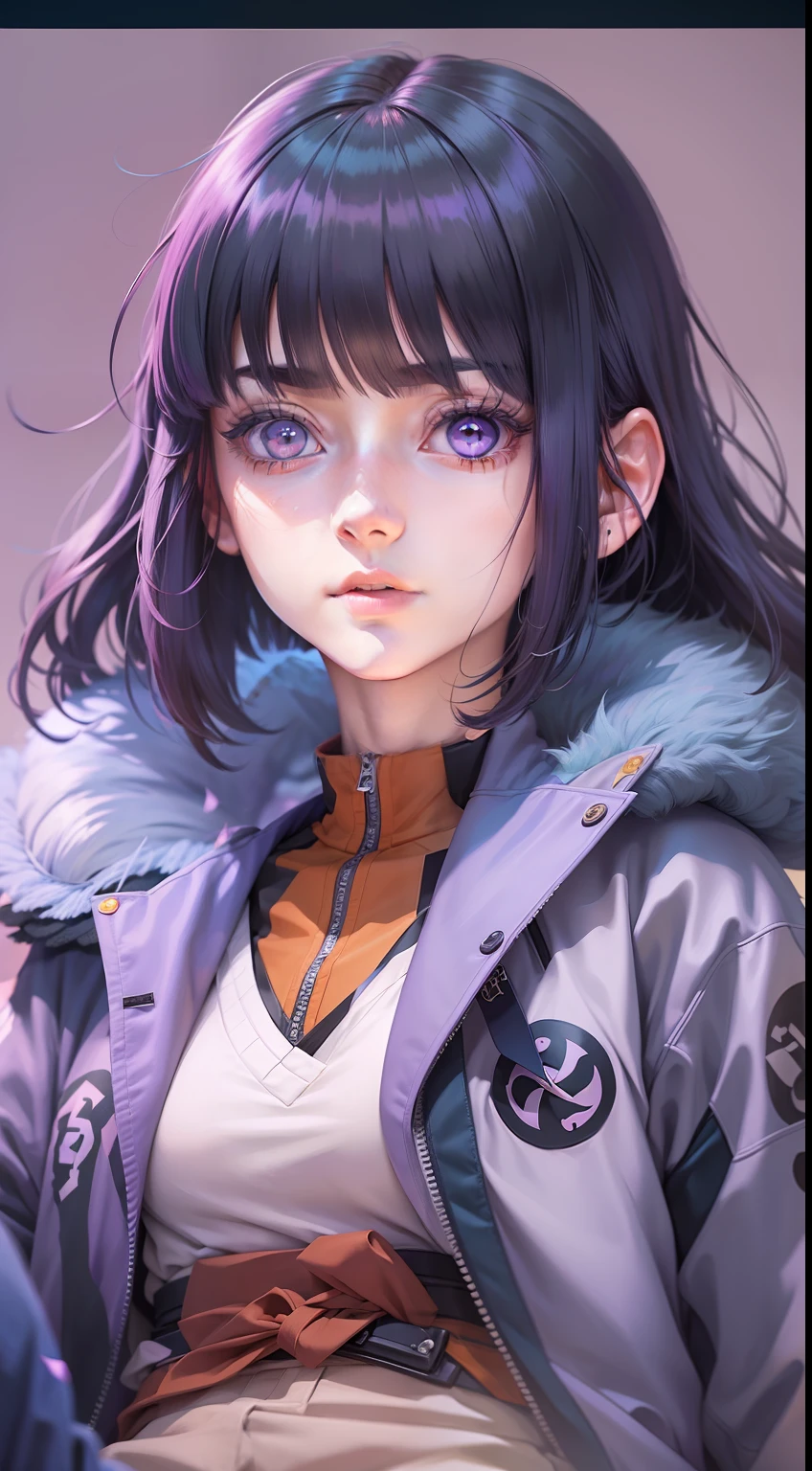 masterpiece, absurdness, 1 16 years old girl with purple eyes, bob haircut, (((Hyūga Hinata))), (Naruto), solo, jacket, shuriken, looking at viewer, floating hair, blue pants, anime style 4k, realistic anime art style, beautiful anime girl.
