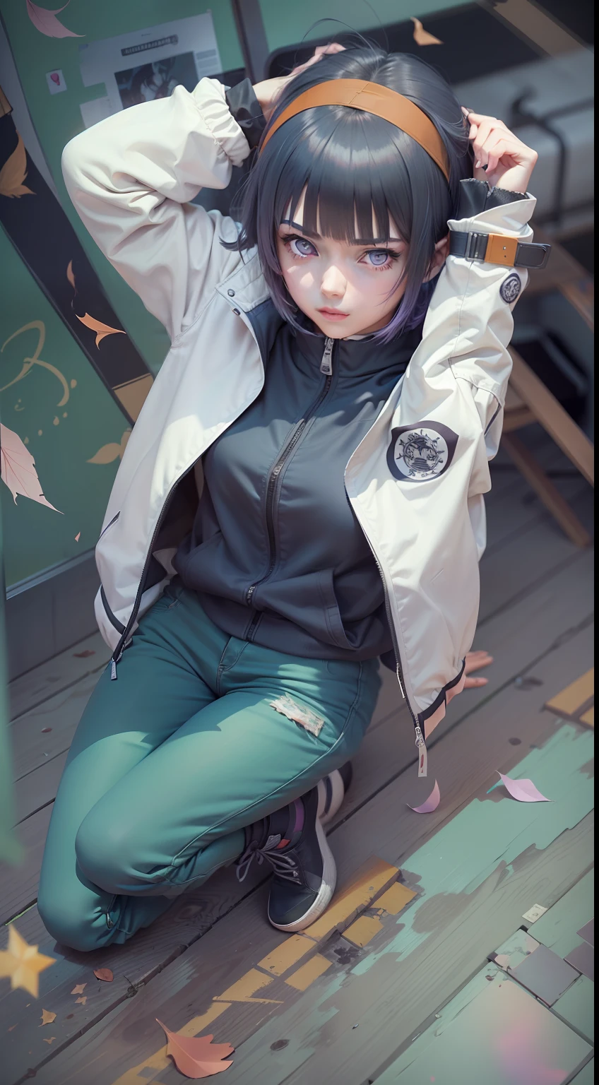 masterpiece, absurdness, 1 16 years old girl with purple eyes, bob haircut, (((Hyūga Hinata))), (Naruto), solo, jacket, shuriken, looking at viewer, floating hair, blue pants, anime style 4k, realistic anime art style, beautiful anime girl.