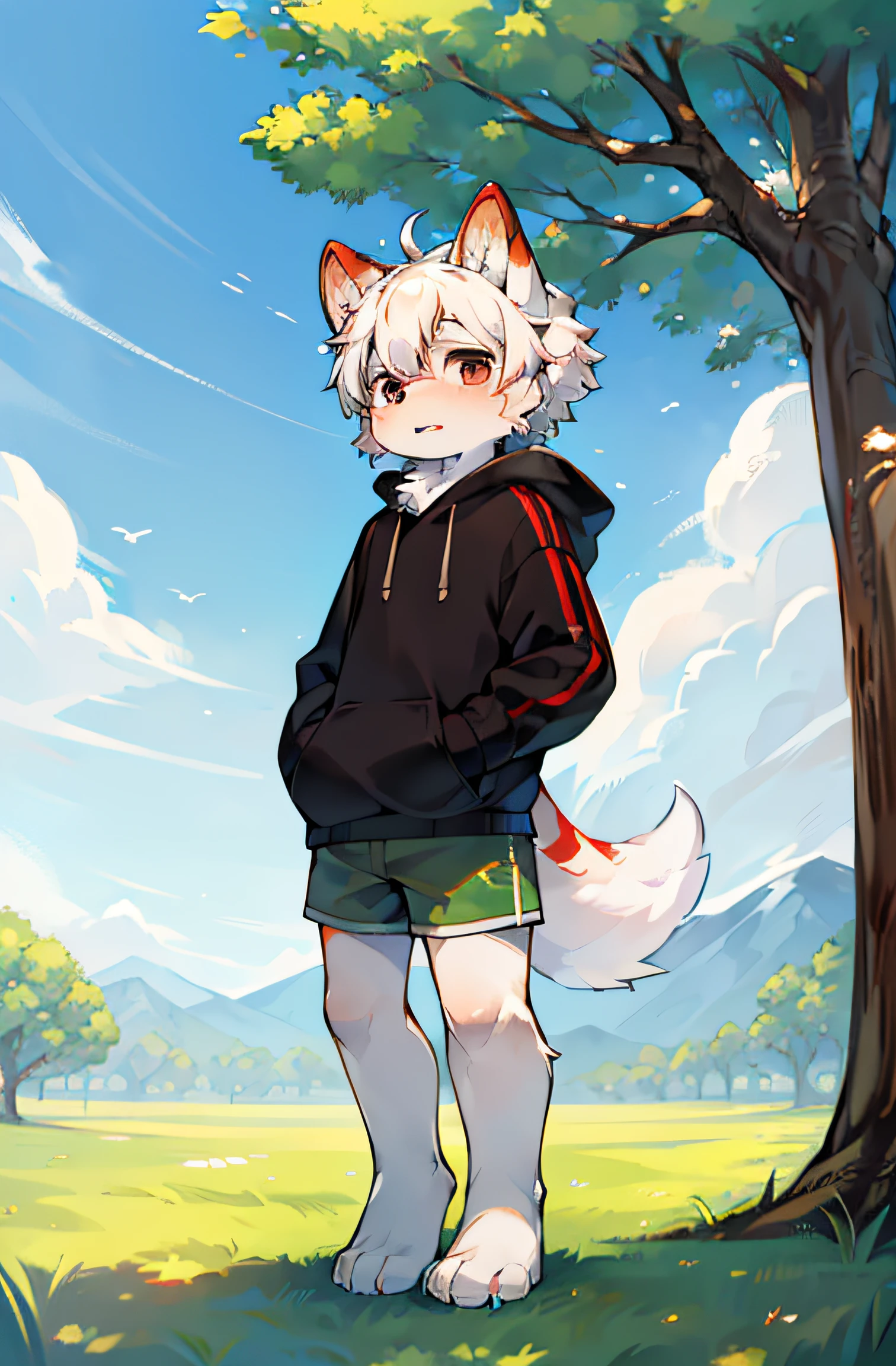 (Bright environment:0.8),masterpiece,high quality,abstract res,digital painting\(artwork\), by dagasi, yupa,kiyosan,(anthro,fluffy fur,character focus:1.1),anthro male dag,short hair,portrait , eyes with brightness, in a panoramic view, Character focus.(detailedbackground:0.7), 独奏, shaggy, shaggy male,16 yaers old,malefocus, standing on your feet,Light blue sweatshirt,Put your hands in your sweatshirt pockets,grey shorts,Handsome,Micro-expressions,Facing the lens,Parallel screen,anthr,(Full Body Furry, Fluffy tail, Pure white fur, Red stripe pattern on the hind legs,Black eyes, Pure white hair,Gray ears are pointed:1.2), (White canines:1.2),(outside、clear skies、morning、grass field:1.1)