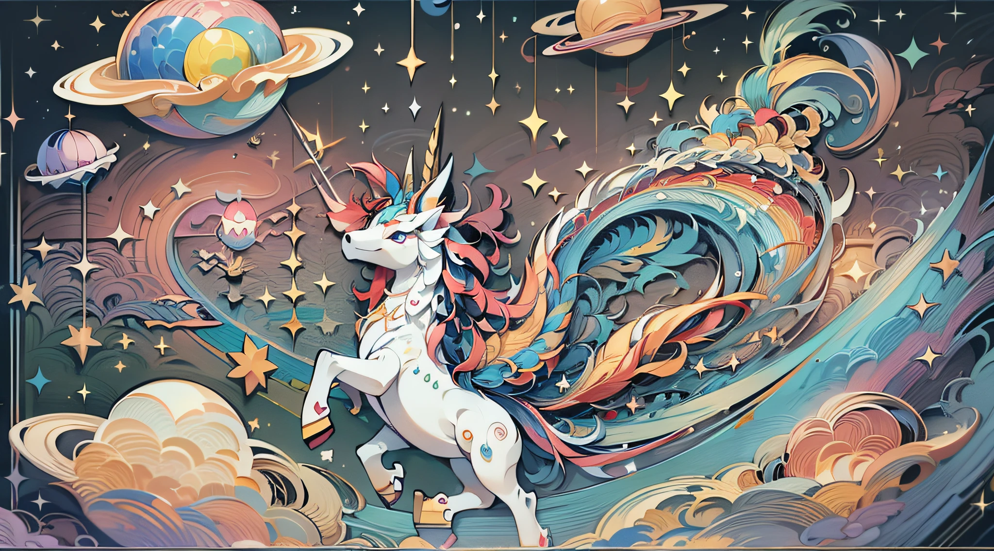 Child riding a robot unicorn in space，Soar the universe，rainbowing，stars，ufos，High-quality masterpieces