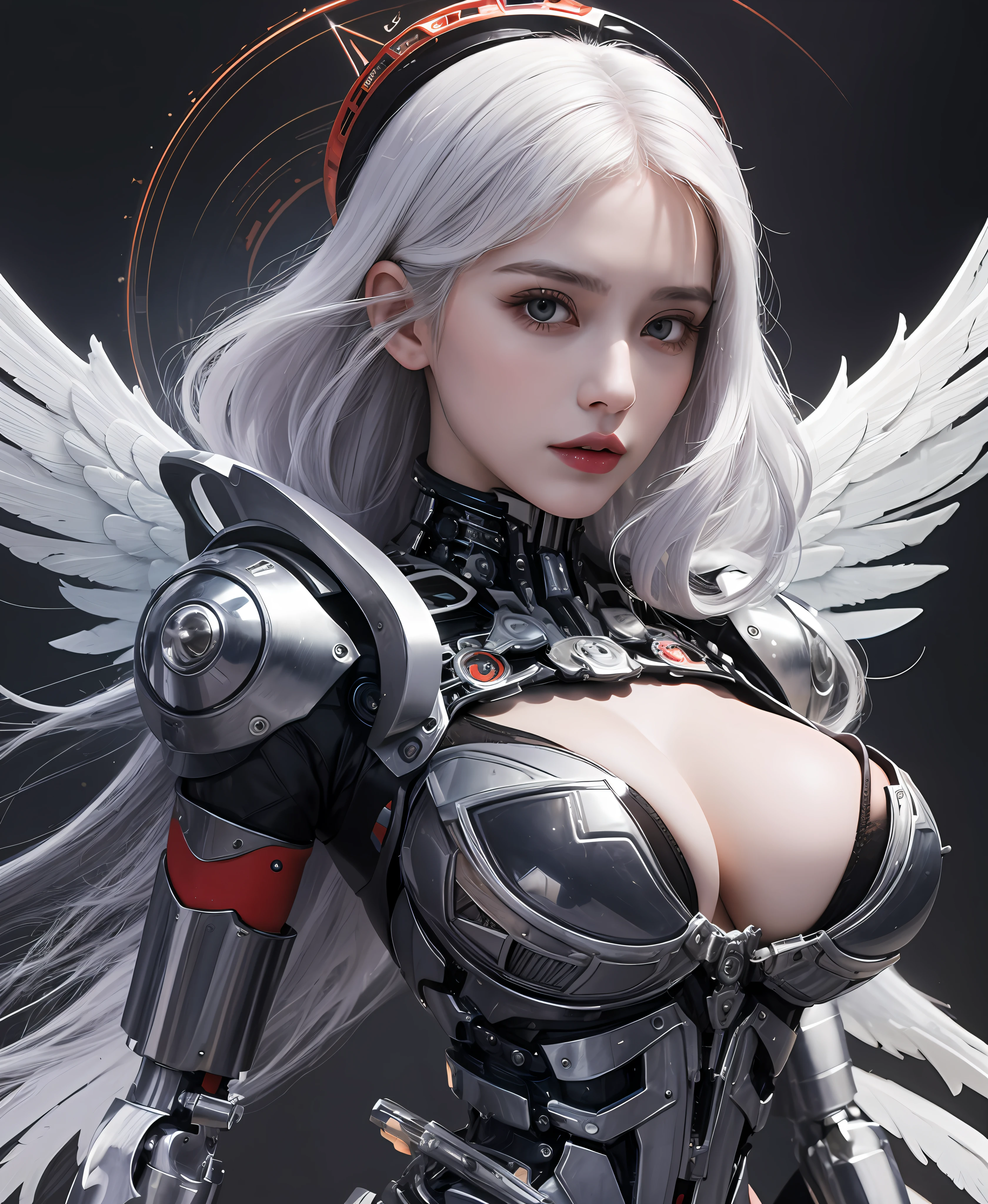white hair、long fluttering hair、strong breeze、a purple eye、radiant eyes、Mechanical Angel、large metal wings、Circle of Shining Angels、Steampunk Girl、Colossal tits、The face and chest are alive、Cleavage is visible。photoRealstic、portfolio、White Latex Suit、White porcelain body、Evangelion-style metal mecha suit、Combat cyborg、Sumerian details、detailed mechanical components、Bundle of thin tubes、Hydraulic cylinder、Detailed neon、Fine LED、Fine parts、cowboy shot、character edge light、