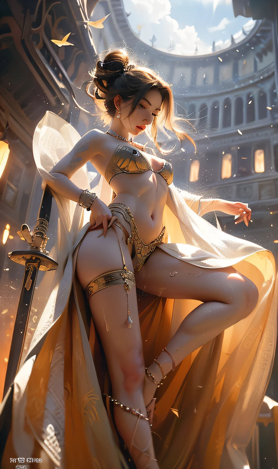 (RAW: 1.2), (Realistic: 1.4), (Clarity: 1.2), (A Woman), , ((Height: 3.5))), (Tongue studs), (Lip nails), (Umbilical nails), Gemstones Refract Dazzling Light))), (Breasts: 1.8), (Areola: 2), (Abs: 0.7), (Buttocks: 2.0), (Healthy Skin, Thin Skin, Alluring Expression, Double eyelids, jelly textured lips, glowing lips, cherry small mouth, small upturned lips, Lip studs under the lips, pattern under the eyes, gold pattern tattooed on the forehead, (((flawless skin texture))), real pores, textured skin, (wearing gems, pearls, emerald, amber,), (dynamic hair, high ponytail hairstyle, beaded hairpins, layered hair, wet hair, loose hair, wet skin texture), sweat dripping all over, shiny skin, glowing skin, radiant, eyes looking at the lens, high-quality details, cinematic lighting, ((backlight)), ridiculous, Unbelievably ridiculous, huge file size, super detailed, high resolution, very detailed, best quality, masterpiece, illustration, very detailed, CG, unity, 8k wallpaper, amazing, fine detail, masterpiece, light on face, backlight, cinematic lighting, (((wide angle lens))), (fisheye))), ((side to the camera)), ((seen from below)), ((high jumper's body proportions)), ((obesity: 0.0)), ((((no panties)))), ((no panties))), ((( No pants))),(((No socks)))),(No skirt)))),((No shoes)))),((Dynamic posture)))),(Fighting stance)))), (Full body))), (Legs raised),(Legs apart)))), (Greek feet), (Carefully groomed nails),((Delicate and small toes, perfect toes))), (Camel toes),((Correct anatomy)),((Correct dissection))),( Clothing: transparent cheongsam made of transparent plastic, high slit design, white flowers cut at the waist, perfectly blending with the figure))), ((gemstones, diamonds, pendants, necklaces, waist chains, stud earrings, earrings, bracelets, anklets)), (((the sword flies, the robe flutters with the wind))), (((the world of clouds and mist))), ((the flying sword is inlaid with gems))), (the clothes are painted with ink landscape paintings)))), (the body is floating in the air, the feet are in the air, the toes are off the ground, flying)) ), (((Movie: The Legend of Shushan))), ((Luminous sword levitating around the body)), ((Sword Qi crisscrossing, cutting cracks in the ground)),