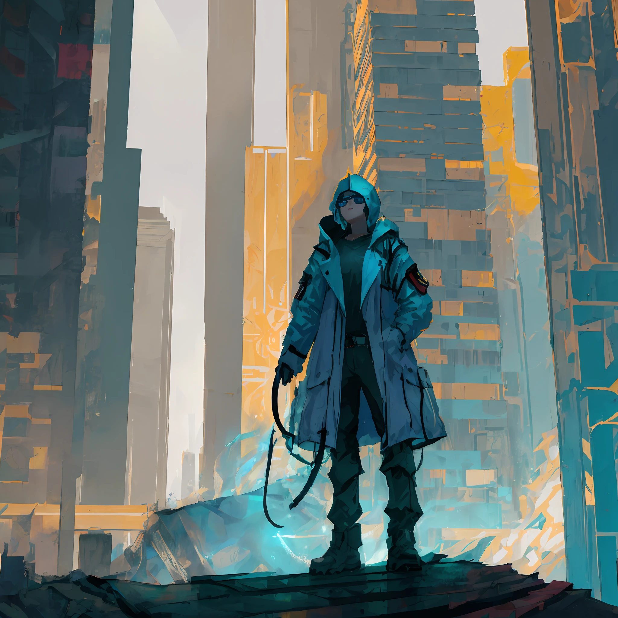 Two-dimensional teen cyberpunk style sci-fi blue fluorescent trench coat standing on the roof，Holding a glowing sword in sci-fi glasses blue differential crushed lid