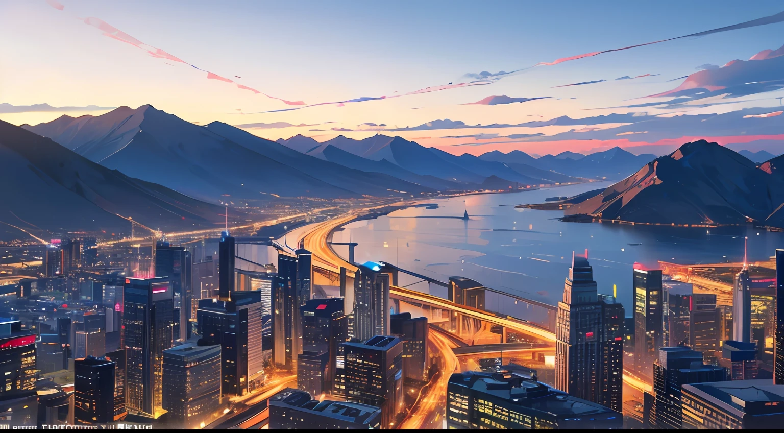 A surreal photo of the city,The modern commercial city is nearby,The distant scenery is ethereal and dreamy, and the mountains and seas,The metropolis of punk cyber ,wide - angle shot,bird's eyes view,Low-altitude aerial photography --auto