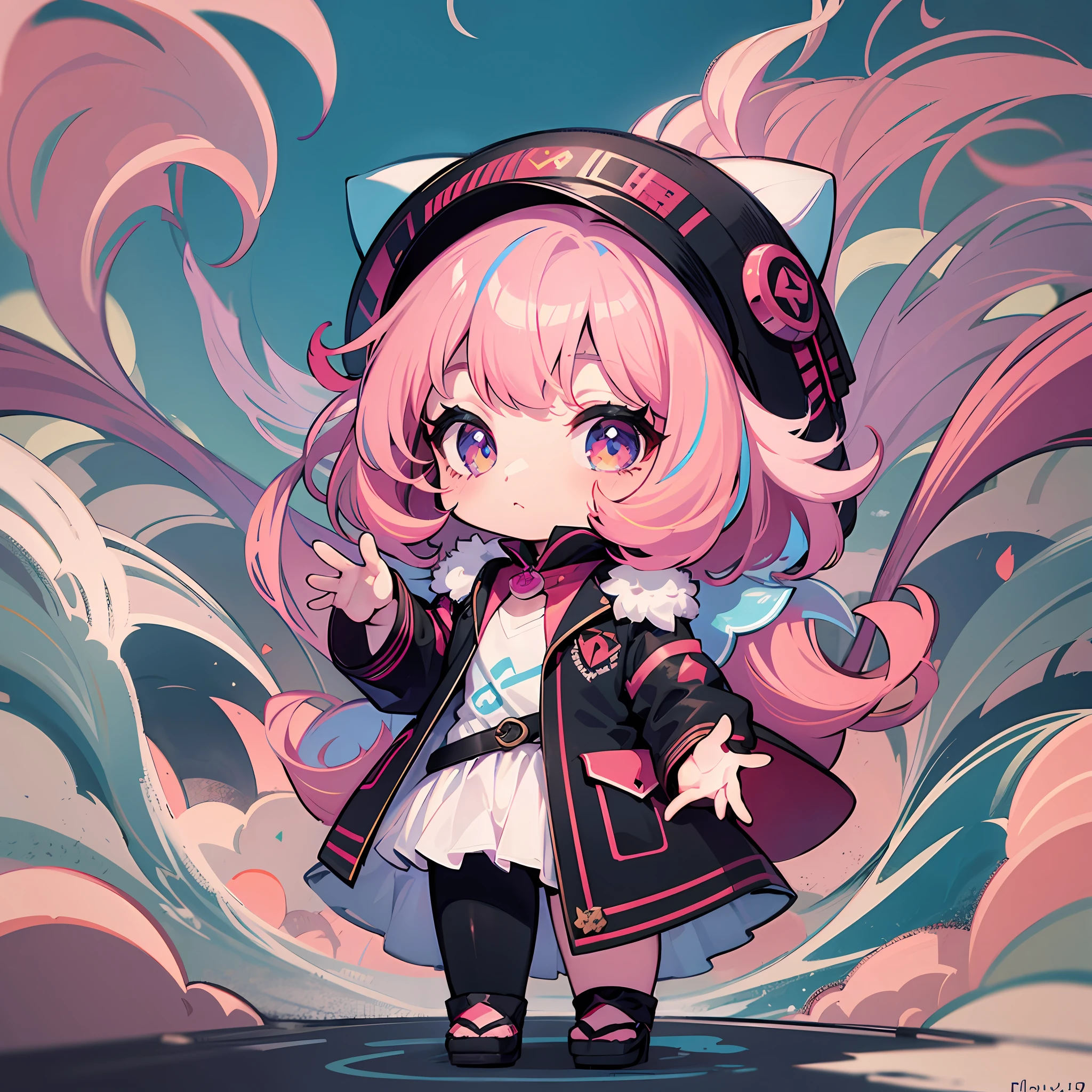 ((a sticker:1.5))), ((Chibi characters)), (white backgrounid), fluffly, Kizi, Sorcerer costume, full bodyesbian, Pink hair, pastel-colored hair, Fairytale, T-shirt design, tmasterpiece, best qualityer, 16k