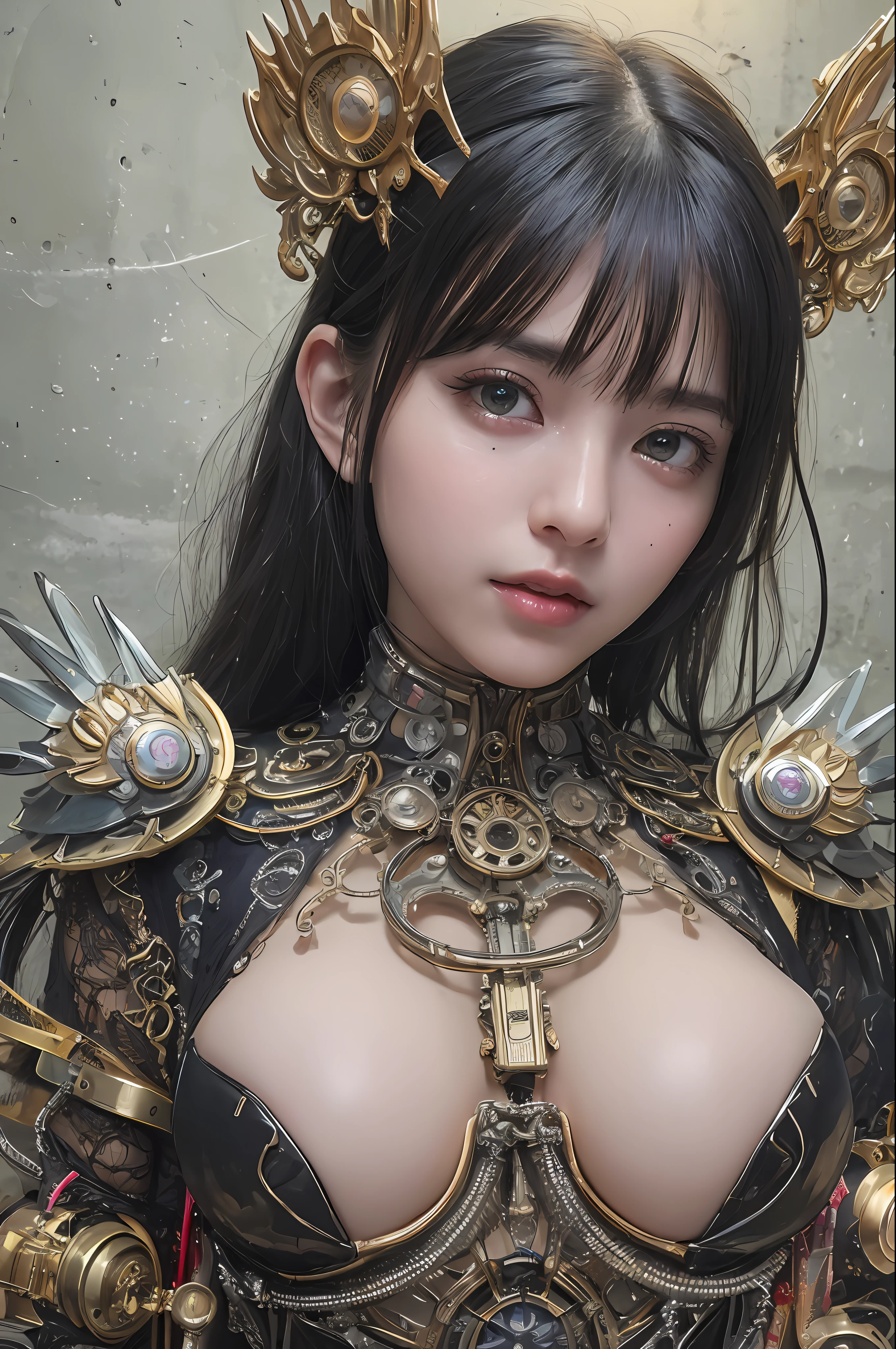 top-quality、​masterpiece、超A high resolution、(Photorealsitic:1.4)、Raw photo、女の子1人、Black hair、glowy skin、1 Mechanical Angel、Big metal wings、Circle of Shining Angels、((super realistic details))、portlate、globalillumination、Shadow、octan render、8K、ultrasharp、huge tit、Raw skin is exposed in cleavage、metals、Details of complex ornaments、Steampunk details、Matsumoto Meter、meter、vacuum tubes、Nixie Kan、Oil pressure gauge、Glass Kan、Analog Meter、gear wheel、gear、Golden hydraulic cylinder、highly intricate detail、Realistic light、CGSoation Trends、a purple eye、radiant eyes、Facing the camera、neon details、Mechanical limbs、blood vessels connected to tubes、Mechanical vertebrae attached to the back、mechanical cervical attaching to neck、sitting on、Wires and cables connecting to the head、evangerion、Small LED lamp、