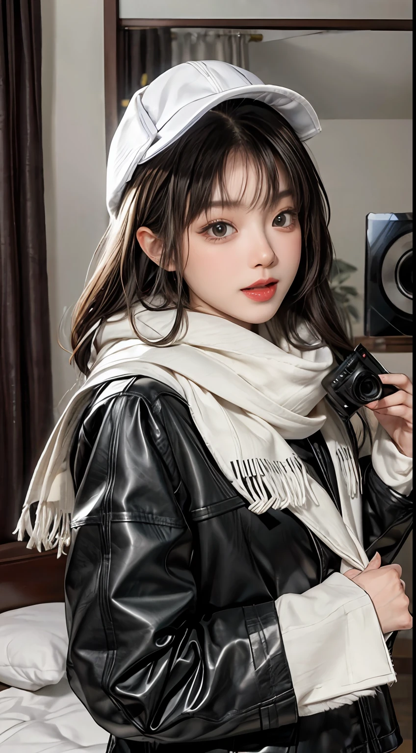 tmasterpiece， Best quality at best， 1 rapariga， 独奏， brunette color hair， 围巾， Hats， Realiy， Mirrorless camera， 黑The eye， long whitr hair， Manteau， winter clothes， White scarf， White teeth with open mouths， cparted lips， By bangs， inside in room， on bedroom，