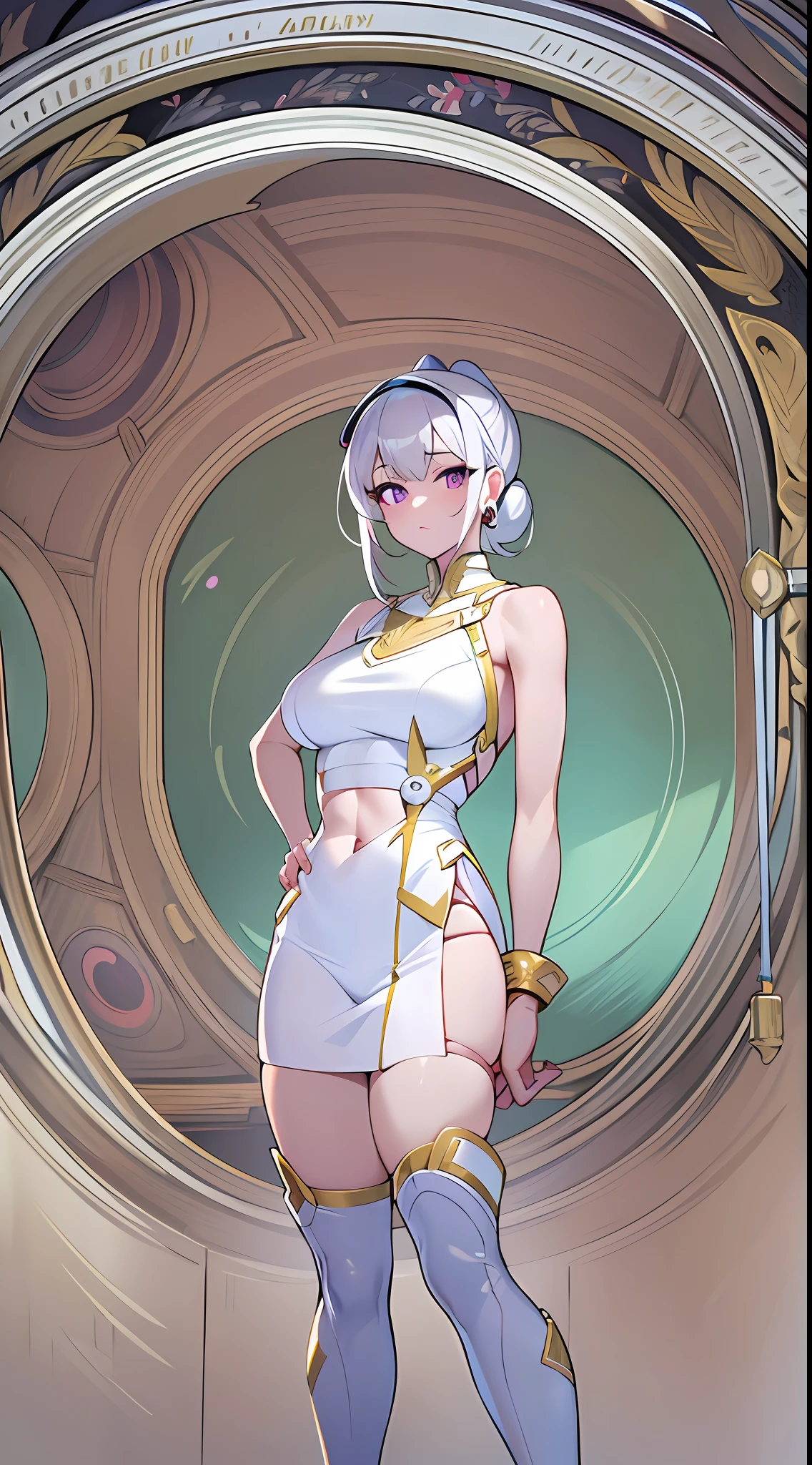 ((Masterpiece)), best quality, absurderes, ultra detailed, holographic, cowboy shot, dynamic pose, golden ratio, super cute girl, mature girl, extremely beautiful, super beautiful asian girl with super beautiful violet eyes, super beautiful white hair, shiny skin, high ponytail, nice and sexy body, slim and delicate body, perfect body, wearing a super tight printed white crop top, kawaii panties, fox headset, being photographed in a kawaii alien spaceship
