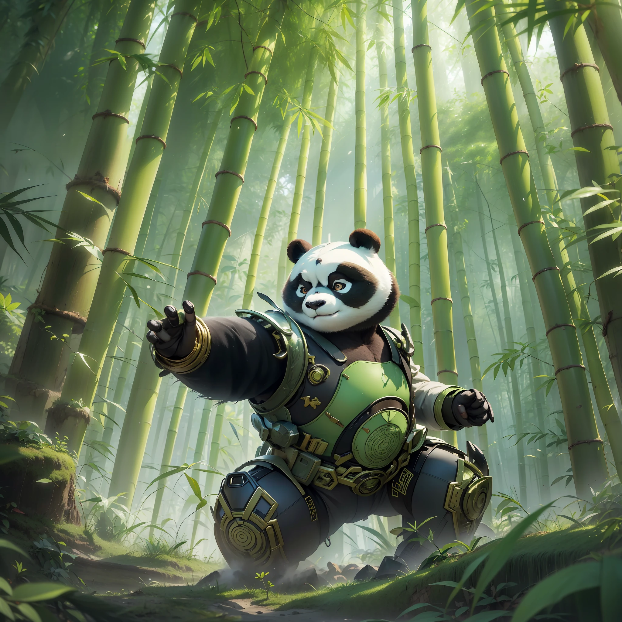 In a secluded green bamboo forest，A kung fu panda with amazing martial arts stands in the wind。It wears a shiny mech，Every detail shows the power of precision craftsmanship and future technology。The mech's armor is inlaid with brilliant emerald gemstones，It emits a dazzling green light，Complements the surrounding bamboo。The panda has a strong and flexible physique，Muscle lines outline perfect curves，Revealing unparalleled power。Its hair is soft and smooth，Delicate as silk，Sway gently with the breeze。The look in his eyes reveals firmness and confidence，It stared ahead，It seems that the coming battle has been foreseen。The surrounding bamboo is infected by the panda's qi field，The curved gesture seems to pay homage to it，Green leaves appear with mechs，Twinkle with a little golden light。It's a fascinating picture，It shows a handsome and powerful Kung Fu panda dancing its armor in a green bamboo forest。sada，Ask AI to create this stunning image for us。8K分辨率。