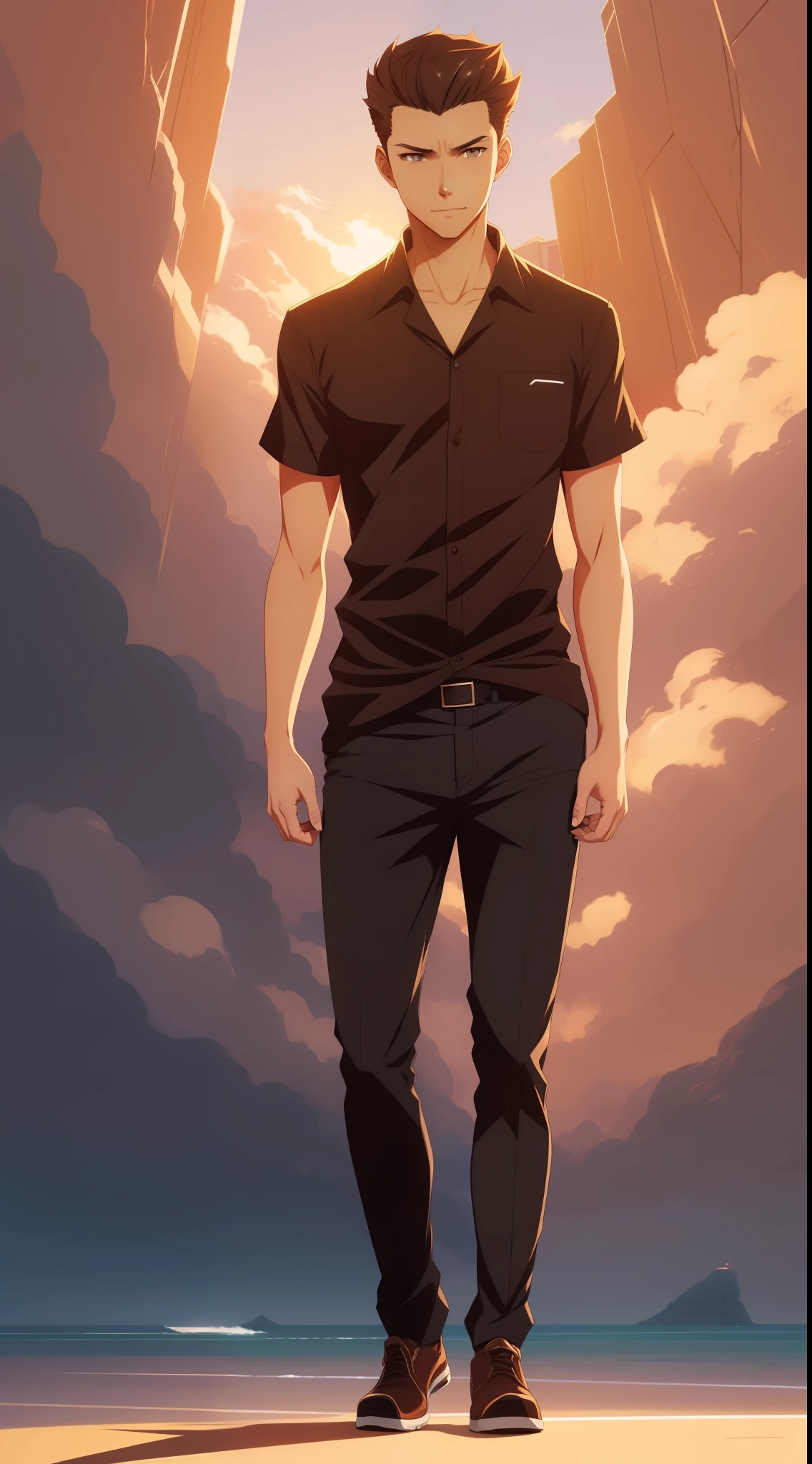 [by Artgerm and WLOP and Ilya Kuvshinov and RHADS and Loish and Rossdraws] by artist "anime", Anime Key Visual, Japanese Manga, Pixiv, Zerochan, Anime art, Fantia, young man with 20 years of short brown hair, (((full body))), black shirt, slim, Corte quiff