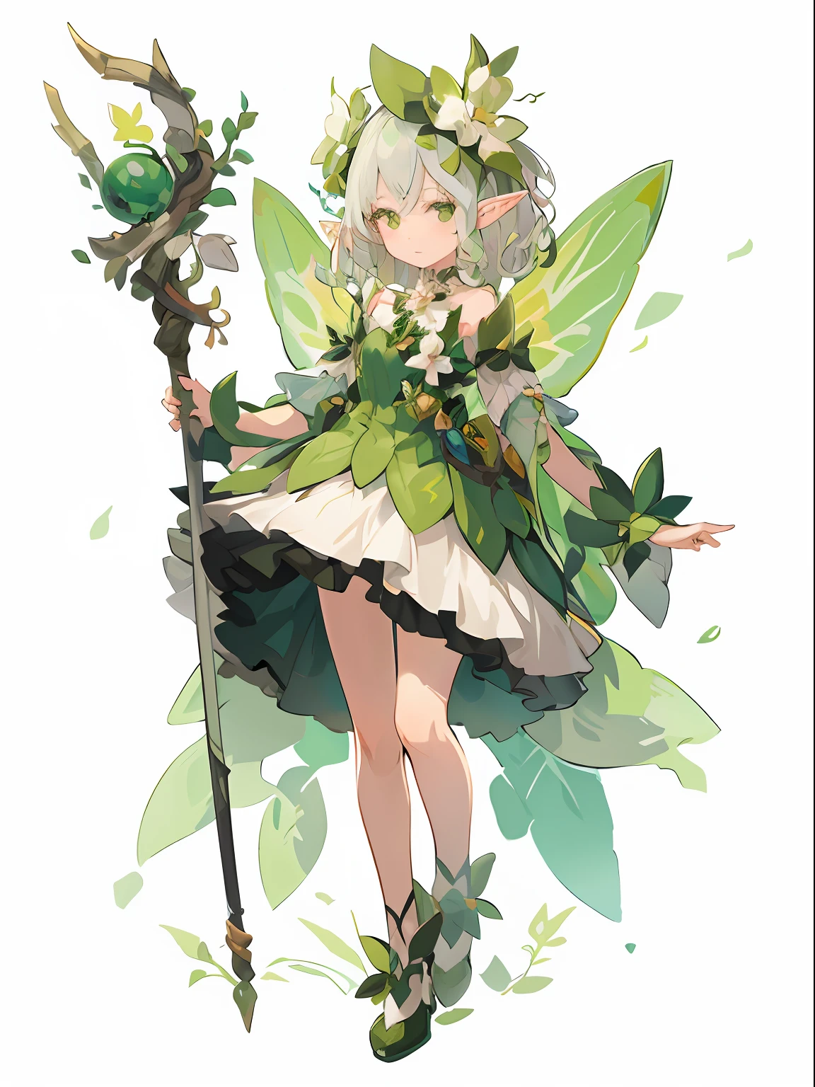 Anime – Fairy style illustration with staff and flowers, fey queen of the summer forest, pixie character, forest fae, character art of maple story, forest fae, elf girl wearing an flower suit, faerie, Elf Girl, Forest Dryad, nature goddess, insect trainer girl, Beautiful elegant dryads, Official Character Art, Faye