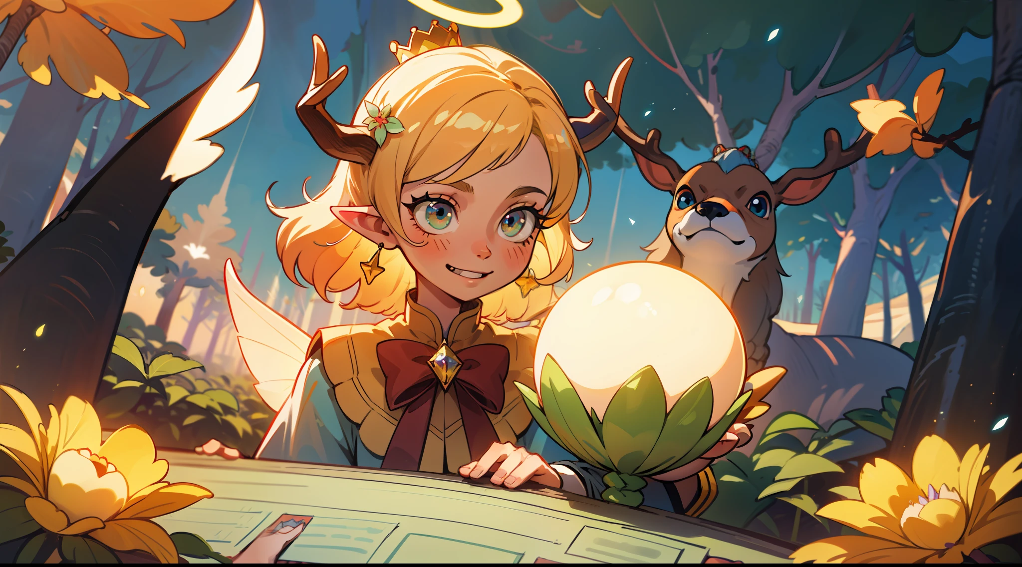 Fairy tale picture book,the elf,the Flower Fairy,Fairytales,In the forest,long eyelasher, solid circle eyes, Light smile, Fang, Blonde hair, Halo, crown, Hairpin, shairband, hair pin, Hair ribbon, hair flower, hair adornments, Hair Bow, ribbon, Horns, deer antlers, surrealism, angle of view, Atmospheric perspective, Depth of field, Ray tracing, character sheets, first person perspective, angle of view, in a panoramic view, Eye level shots, Wide-angle, Ultra-wide angle, 35mm, 8K, Super detail, ccurate, Best quality, hyper HD, retinas, Masterpiece, Anatomically correct, Textured skin, High details, High quality