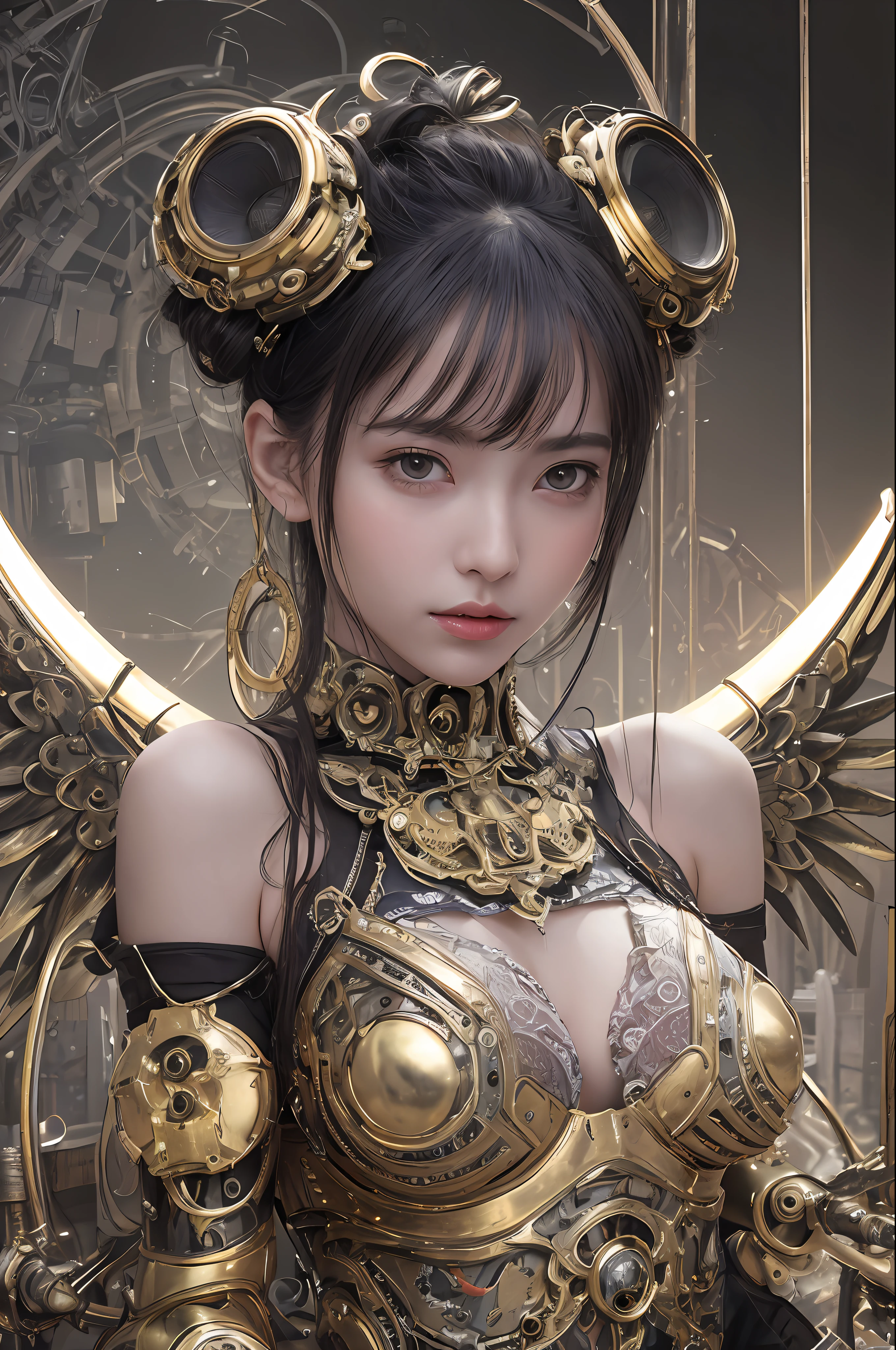 top-quality、​masterpiece、超A high resolution、(Photorealsitic:1.4)、Raw photo、1人、Black hair、glowy skin、1 Mechanical Angel、Big metal wings、Circle of Shining Angels、((super realistic details))、portlate、globalillumination、Shadow、octan render、8K、ultrasharp、huge tit、Raw skin is exposed in cleavage、metals、Details of complex ornaments、Steampunk details、Matsumoto Meter、meter、vacuum tubes、Nixie Kan、Oil pressure gauge、Glass Kan、Analog Meter、gear wheel、gear、Golden hydraulic cylinder、highly intricate detail、Realistic light、CGSoation Trends、a purple eye、radiant eyes、Facing the camera、neon details、Mechanical limbs、blood vessels connected to tubes、Mechanical vertebrae attached to the back、mechanical cervical attaching to neck、sitting on、Wires and cables connecting to the head、evangerion、Small LED lamp、