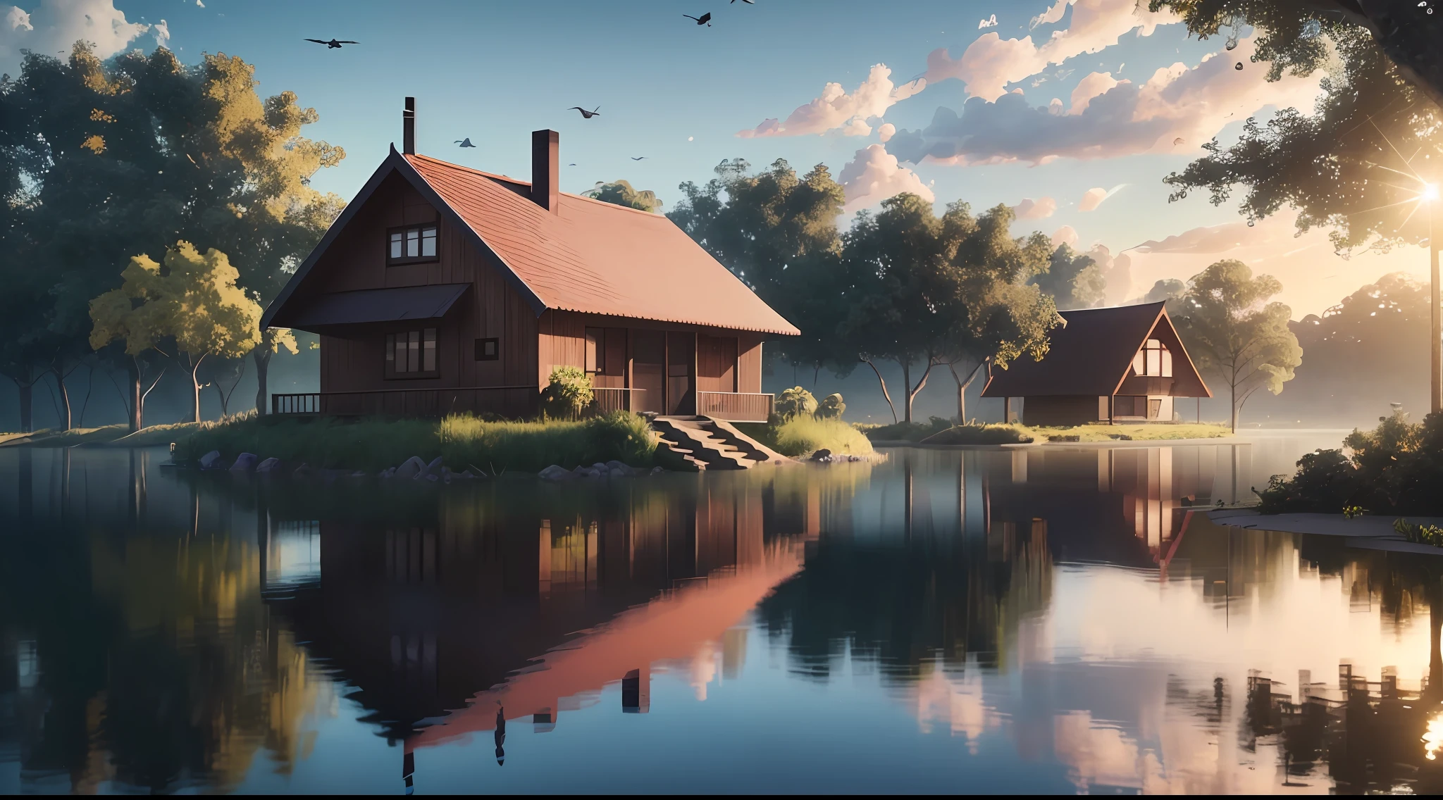 there is a small house sitting on the bank of a lake, Casa do Lago, Beautiful 4D rendering, lindo render 4d, Directed by: Franz Hegi, paisagem fotorrealista, renderizado em corona, Casa na floresta, idyllic cottage, realistic reflection, lindo renderizado, a photorealistic rendering, beautifully detailed render, renderizado no lumion pro, dramatic warm morning light. com um sol forte, birds flying in the sky, com um sol brilhante. --auto