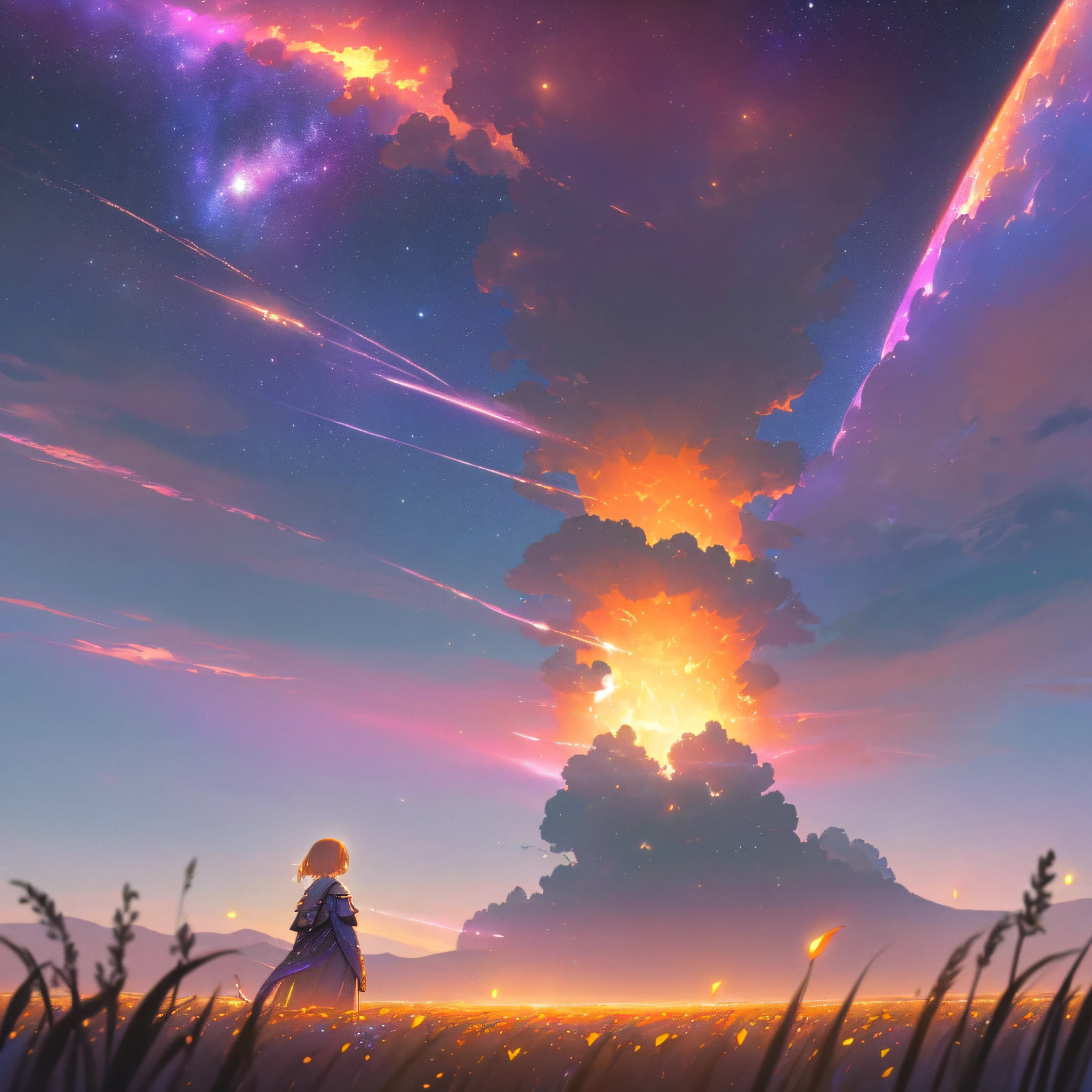 expansive landscape photograph , (a view from below that shows sky above and open field below), a girl standing on flower field looking up, (full moon:1.2), ( shooting stars:0.9), (nebula:1.3), distant mountain, tree BREAK
production art, (warm light source:1.2), (Firefly:1.2), lamp, lot of purple and orange, intricate details, volumetric lighting, realism BREAK
(masterpiece:1.2), (best quality), 4k, ultra-detailed, (dynamic composition:1.4), highly detailed, colorful details,( iridescent colors:1.2), (glowing lighting, atmospheric lighting), dreamy, magical, (solo:1.2)