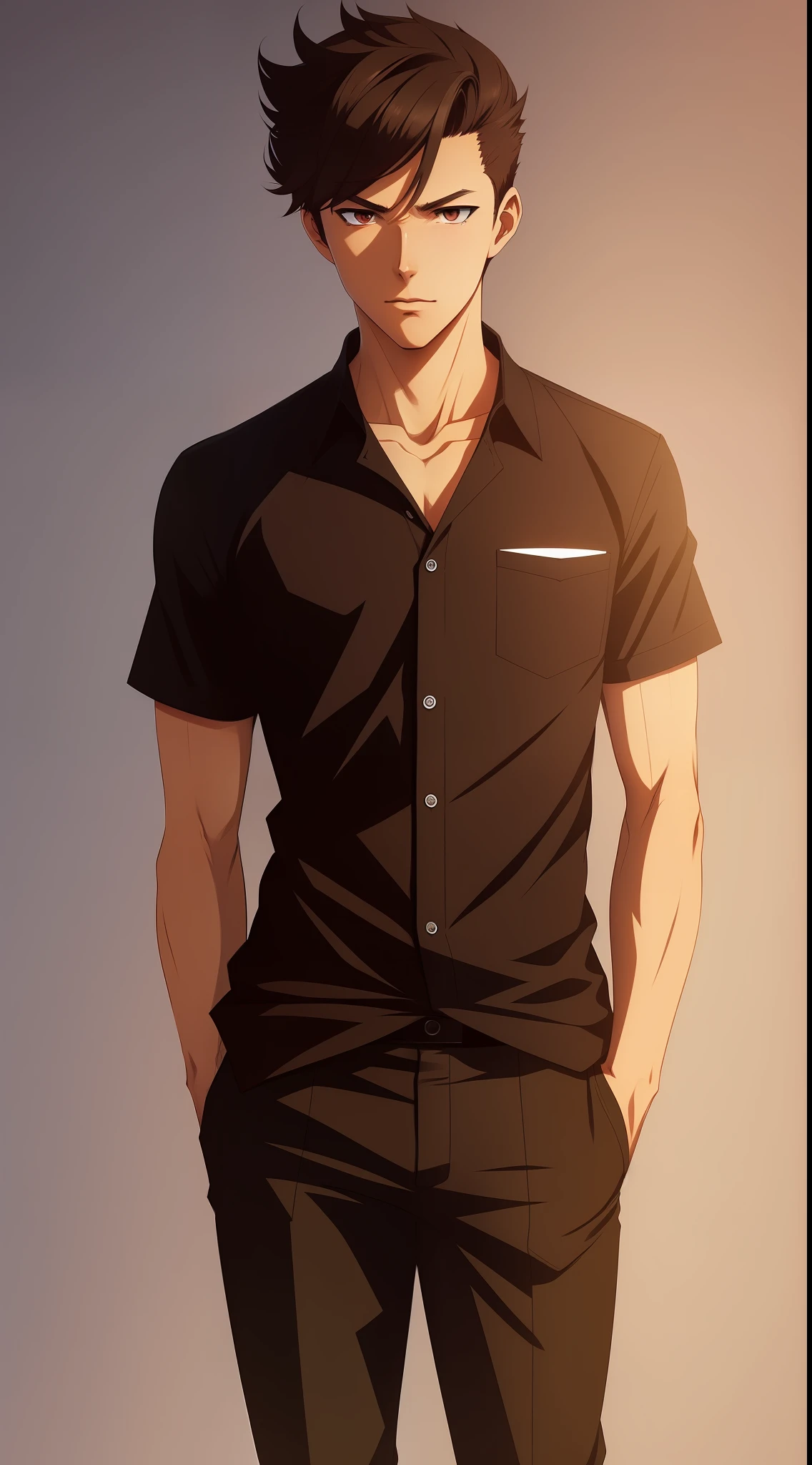 [by Artgerm and WLOP and Ilya Kuvshinov and RHADS and Loish and Rossdraws] by artist "anime", Anime Key Visual, Japanese Manga, Pixiv, Zerochan, Anime art, Fantia, young man with 20 years of short brown hair, (((full body))), black shirt, slim, Corte quiff