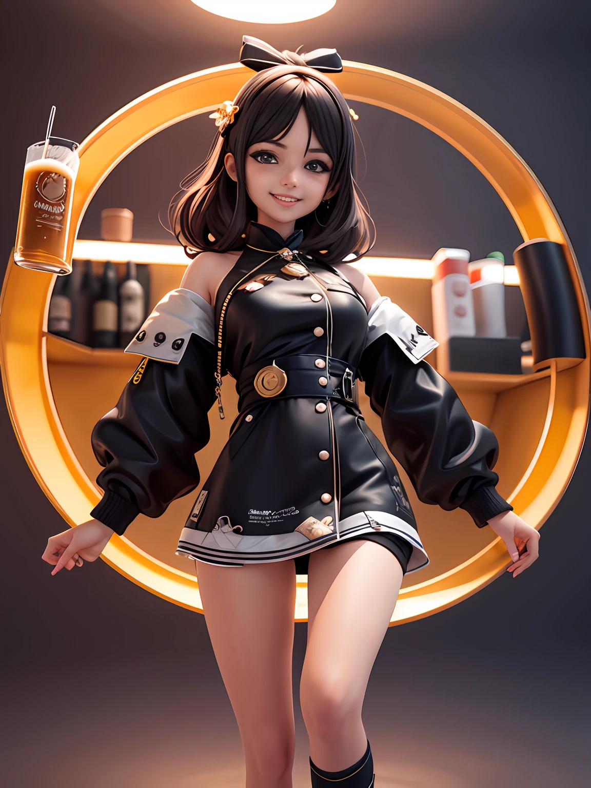 There is a beautiful girl,Beer in hand, Black color hair,beautiful 3d render,Elegant portrait of a maiden, Stylish 3d anime girl rendering, Beautiful and detailed digital art, Lively and cute girl,The smile is bright,There is a colorful light on the edge of the hair, Stylized 3D rendering, 3D rendering art 8k, beautiful digital painting, 3d anime style, Ultra-detailed rendering, Planetary background