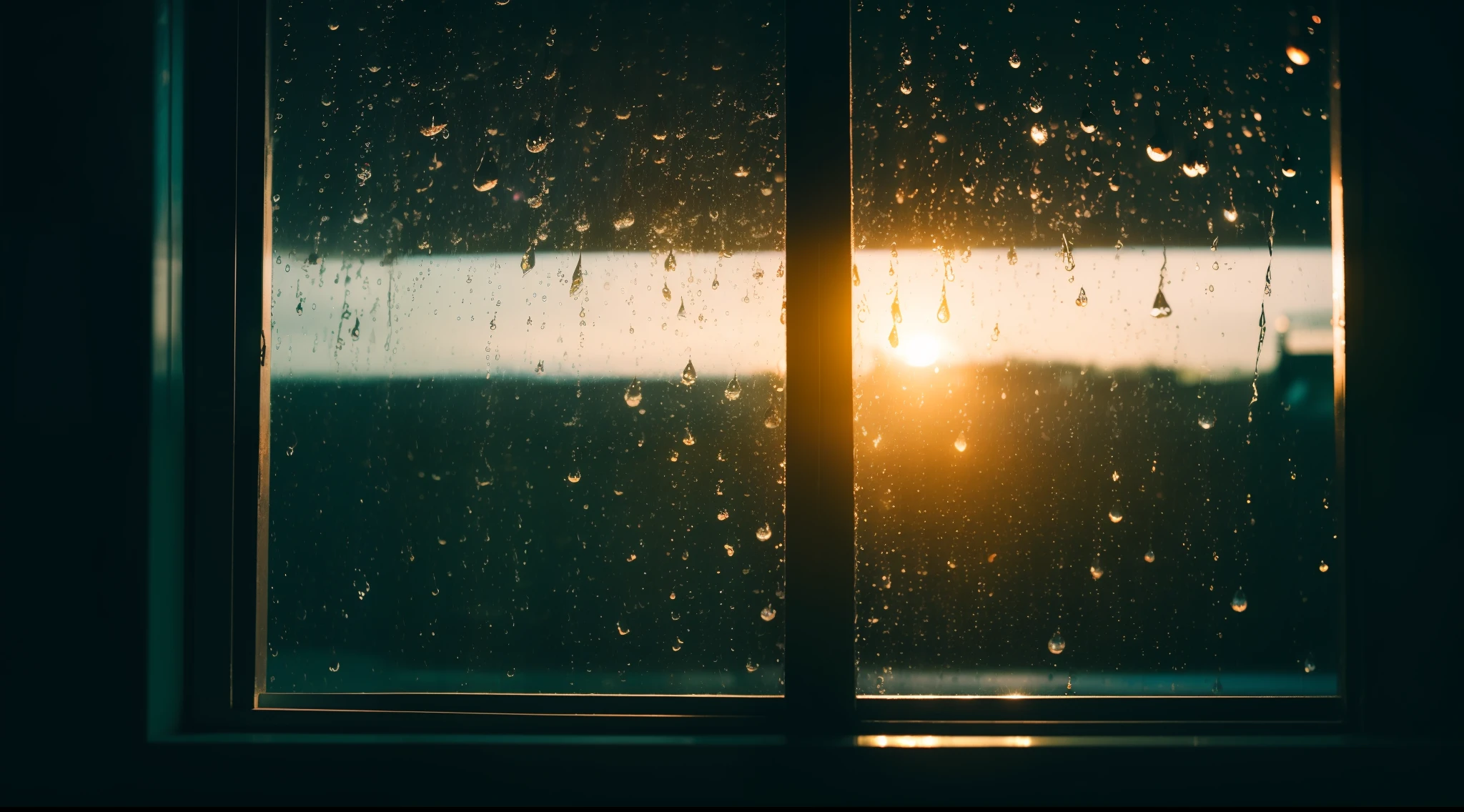 View from inside, It's raining hard outside the window, Water droplets stick to the window,  a dark night, Foggy, sony a7, film gain, Cinematic lighting, Photorealistic, one-point perspective, 32K, diffuse reflection, colorful shiny particles, Lens Flare, sharp reflection light