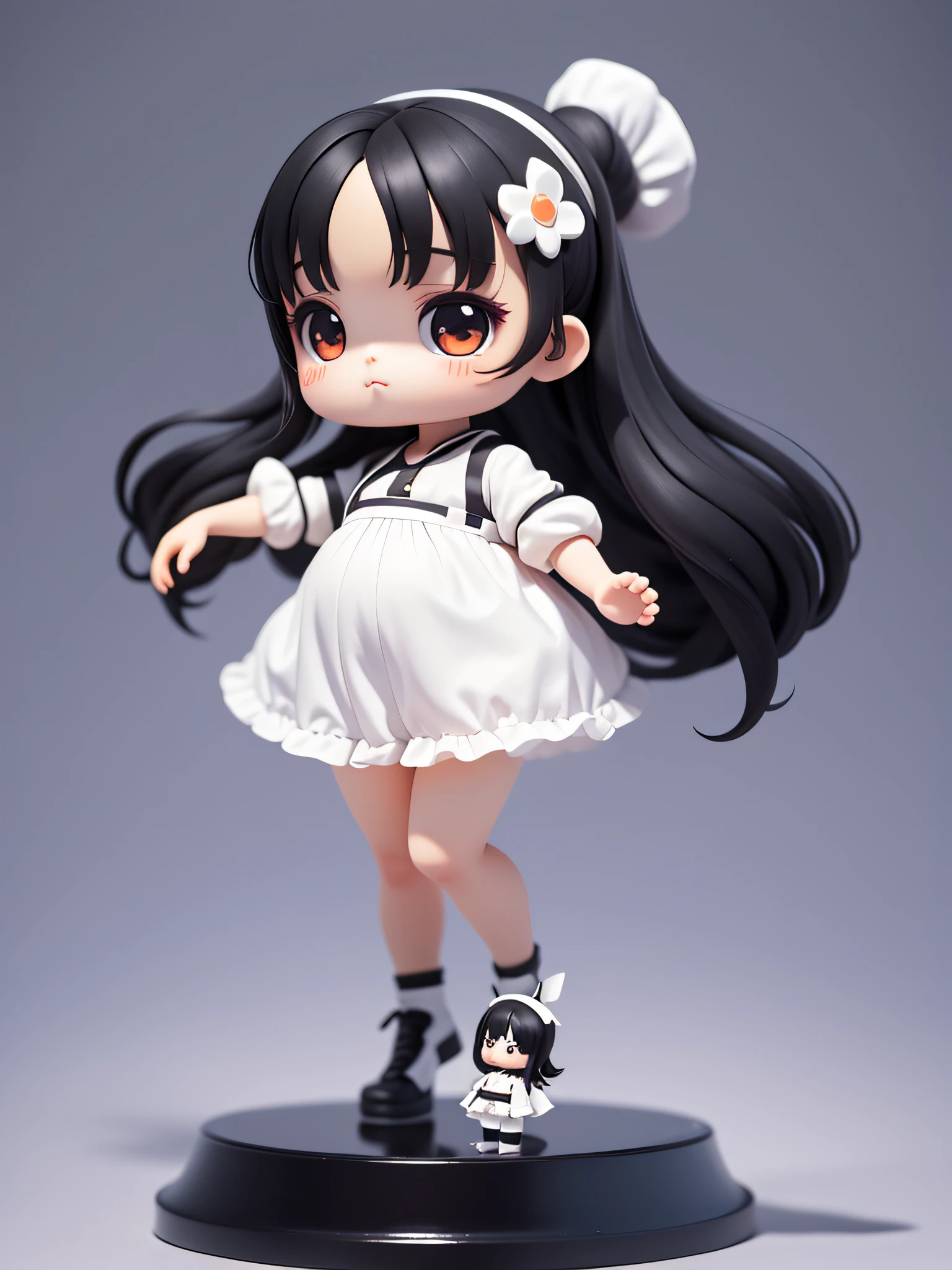 (masterpiece)、(top-quality)、(Full body:1.2)、The belly is bloated、Very cute and beautiful chibi anime girl, Straight black hair, Black eye, White cooking clothes, Simple flat background, Full body, Standing, Highly detailed face and eyes, Clearly outlined, Solo