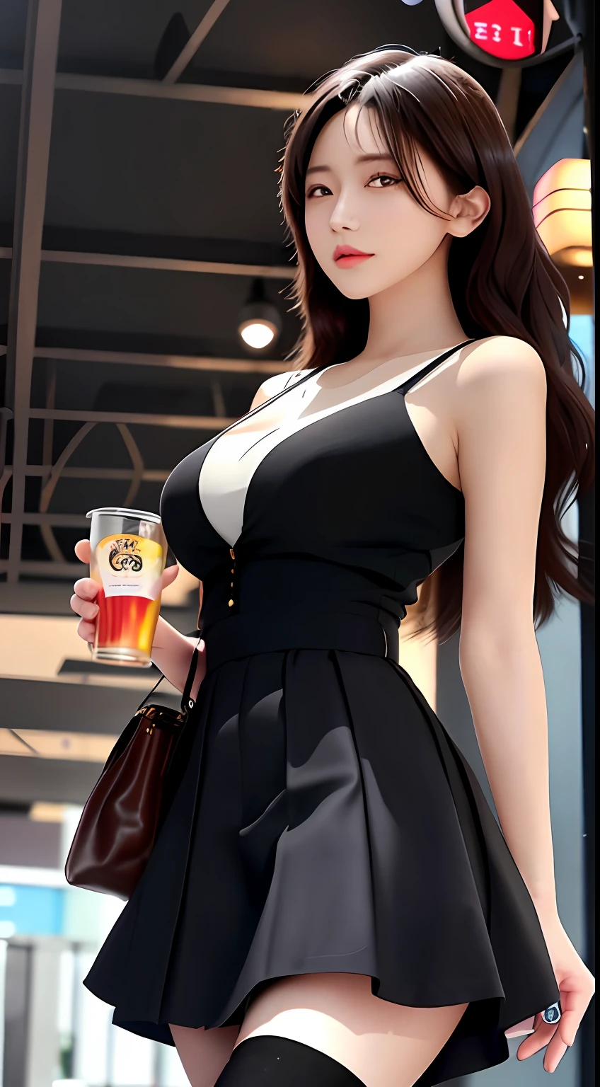 best qualtiy， tmasterpiece， Kizi， beauitful face， （photograph realistic：1.3）， edge lit， （highdetailskin：1.2）， 8K  UHD， digital SLR camera， high high quality， A high resolution， 4k， 8k， bokeh， absurderes， Optimal proportions of four fingers and one thumb， （realisticlying：1.3）， Cute 1girl， Wear JK， Higher breasts， short  skirt，black lence stockings