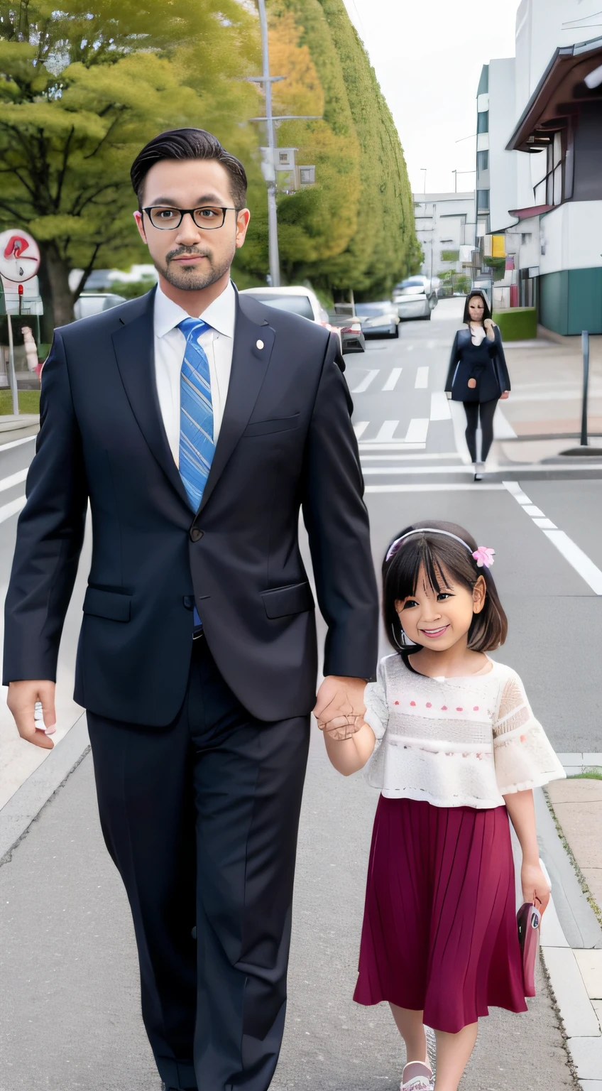 On the left side, I have a 35-year-old father, On the right side, 35-year-old mother, And in the center, 7--old ghter. They walk hand in hand together. They are Japan, Dressed in style from 2000, The illustration is in a photorealistic style