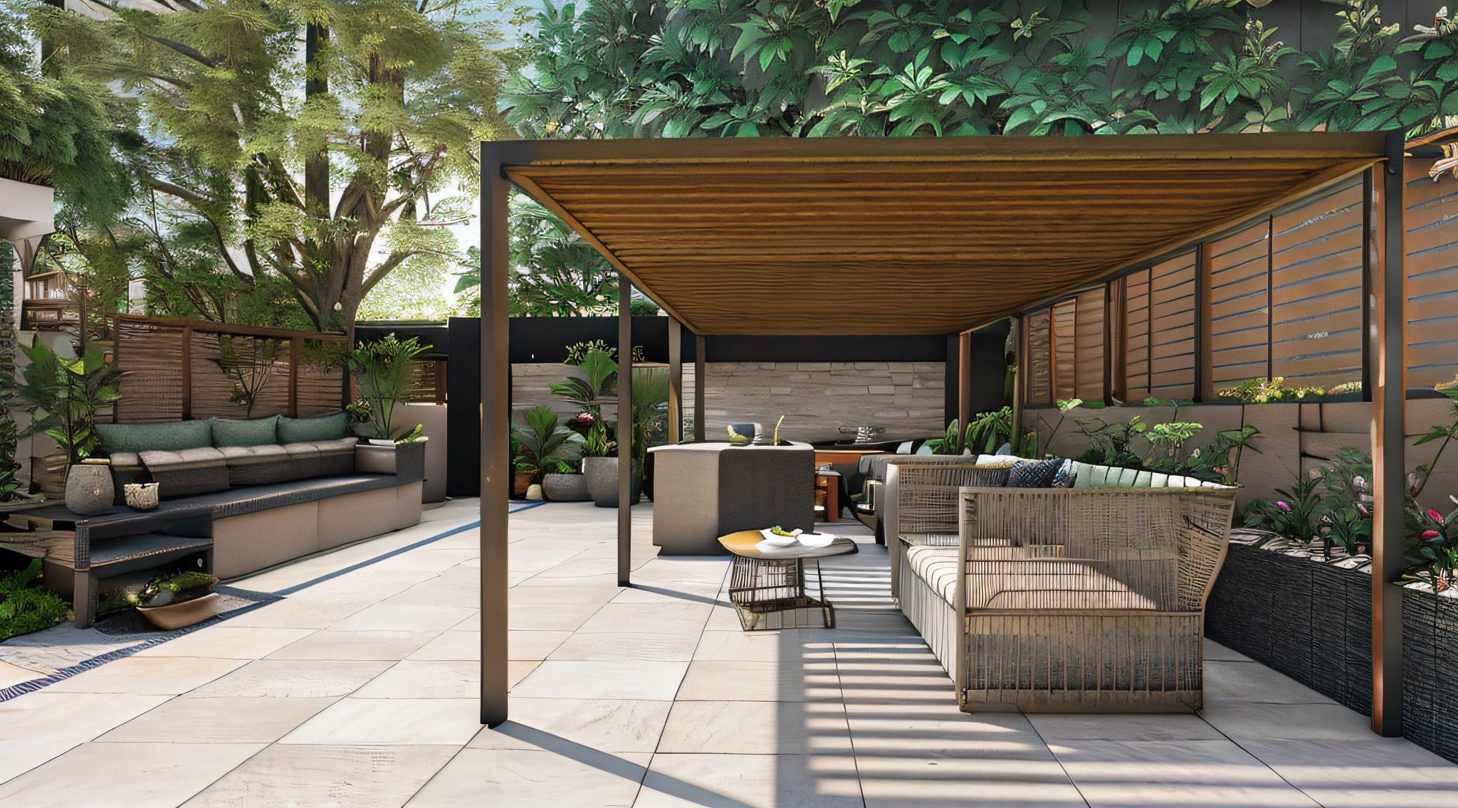 It has a patio with a purgol roof and sofas, Outdoor Design, rendered in enscape, Outdoor color tones, enscape render, Rendering to resolute perfection, Well shaded, professional render, rendered in lumion pro, low angle dimetric rendering, lumion render, fully detailed render, with 3D rendering, with 3D rendering, Shaded