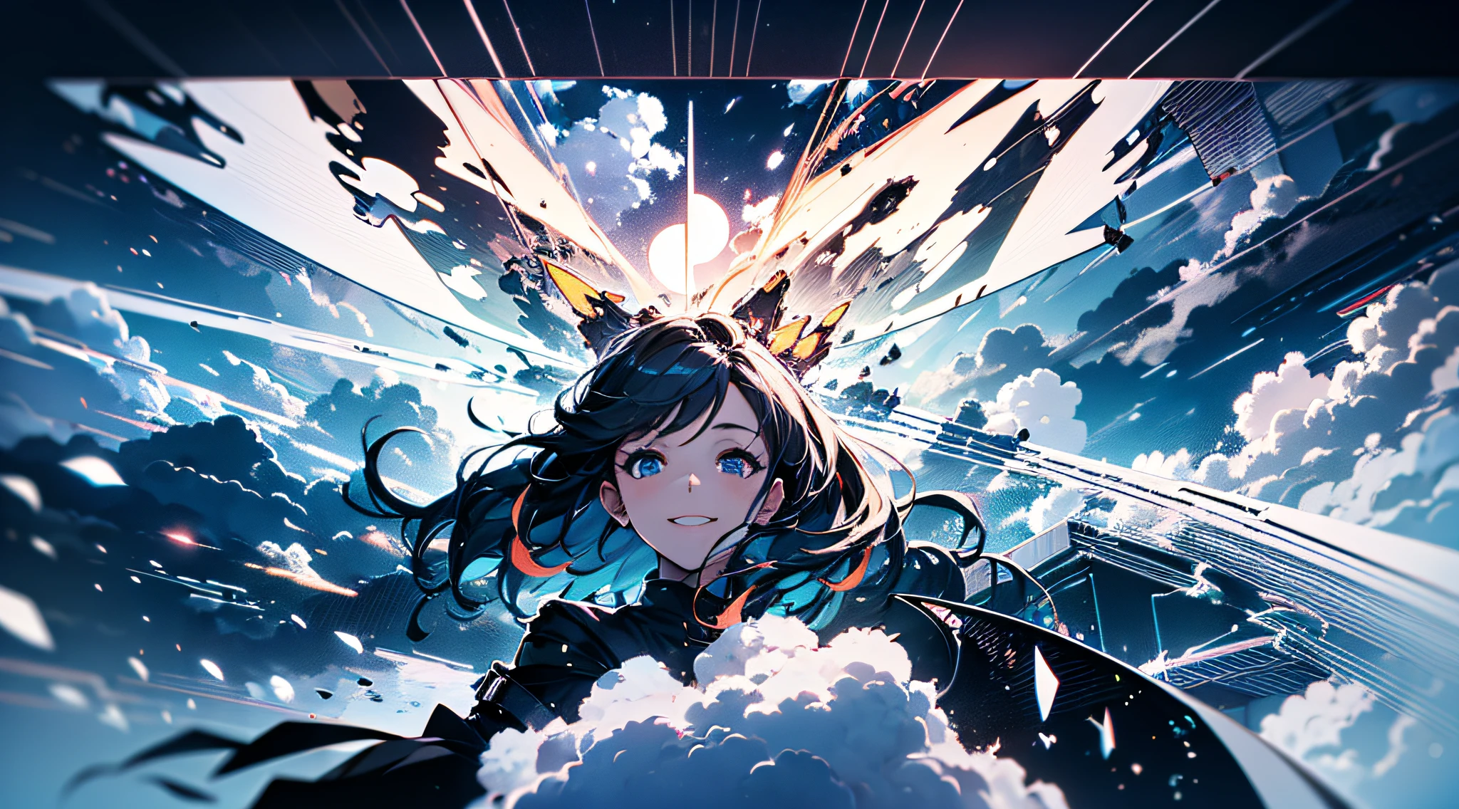 masterpiece, best quality, movie still, 1girl, floating in the sky, cloud girl, cloud, (close-up:1.1), bright, happy, fun, soft lighting, (Bauhaus, shapes, lines, abstract:1.1)