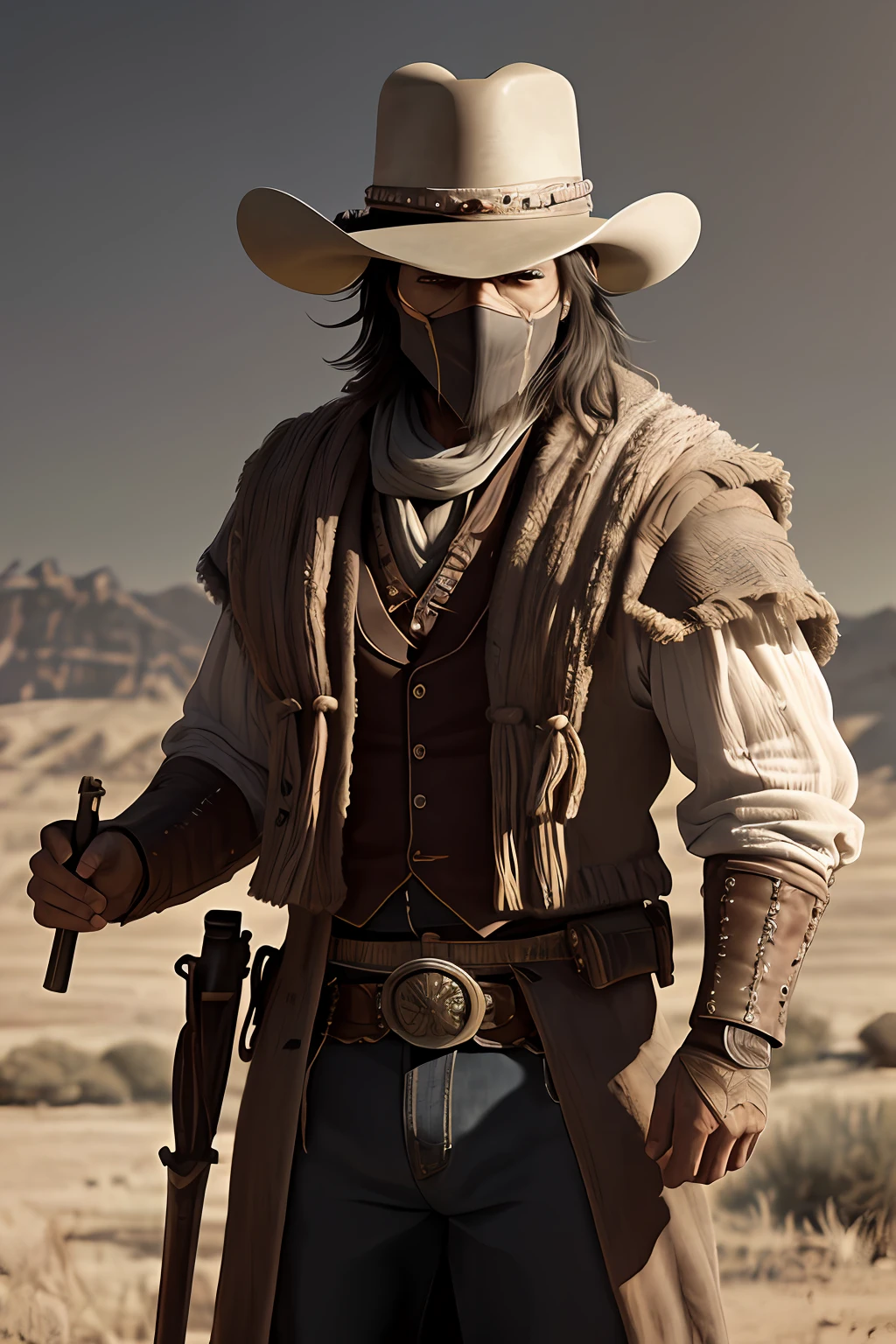 Masterpiece,Ultra photo realsisim,32K,extremely detailed nipple，Western cowboy， Unified wallpaper, Best quality,Cinematic style， (shredder:1.2),（Westworld：1.2）， (Sci-fi Westerns:1.3)