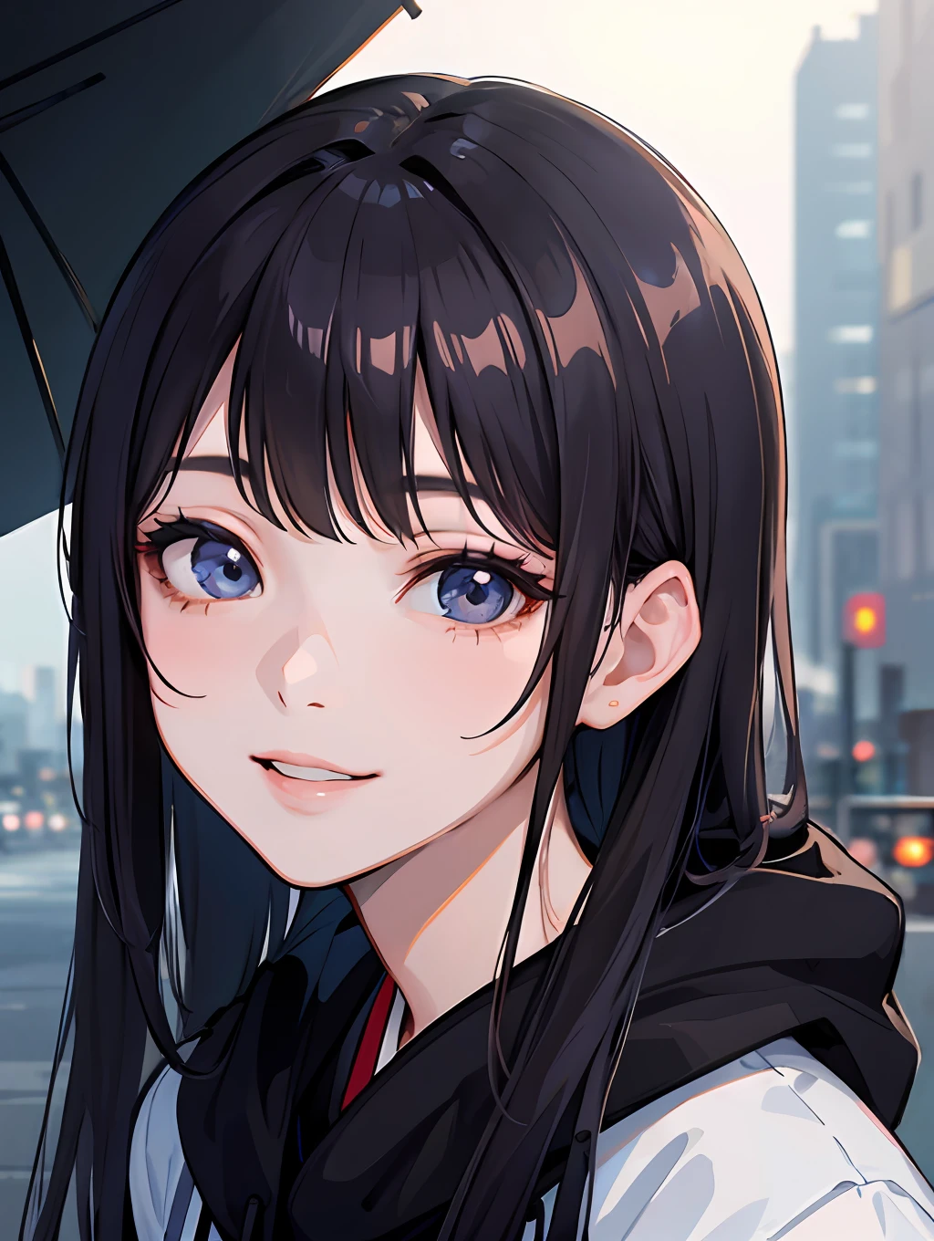 Masterpiece, 1 Beautiful Girl, Detailed, Swollen Eyes, Best Quality, Ultra High Resolution, (Reality: 1.4), Original Photo, 1Girl, Cinematic Lighting, Smiling, Japanese, Asian Beauty, Korean, Neat, Very Beautiful, Slightly Young Face, Beautiful Skin, Slender, Cyberpunk Background, (ultra realistic), (illustration), (high resolution), (8K), (very detailed), (best illustration), (beautifully detailed eyes), (super detailed), (wallpaper), (detailed face), viewer looking, fine detail, detailed face, pureerosfaceace_v1, smiling, 46 point slanted bangs, facing straight ahead facing, neat clothes, dark colored eyes, hair wet from rain, black hoodie with red lightning pattern, body facing forward,齊藤京子、