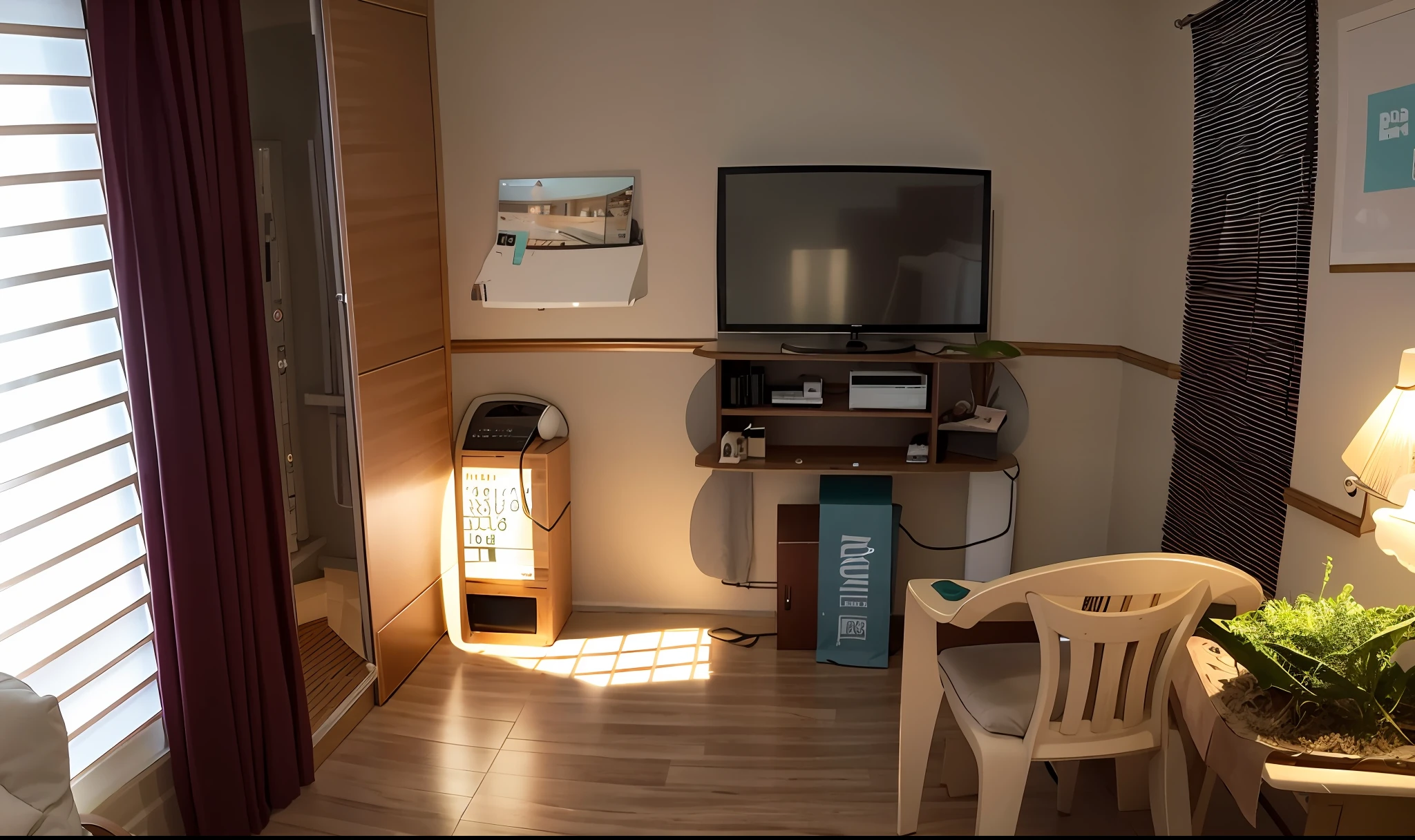 There is a small living room with a TV and a table, em quarto pequeno, televisor, CRT TV montada, quarto mobiliado, minha casa, dentro da casa na aldeia, em uma sala de estar, bem conservado, Television, imagem de qualidade muito baixa, um tiro largo e cheio, interior de uma pequena sala, dispositivo completo, ambiente tranquilo, tv, tiro interno, Assistir TV