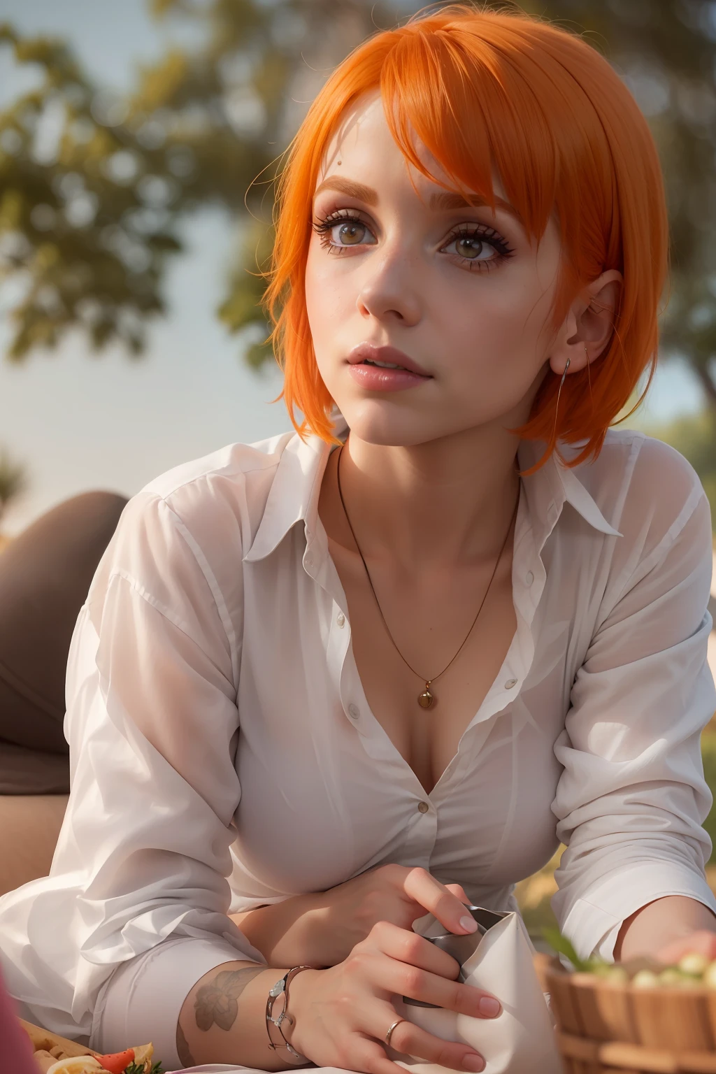 (((Hayley Williams macht in mitten eines Weizenfeldes ein Picknick)), (sie sitzt auf einer Decke), ((she has round breasts)), (she wears a white open shirt), (kleiner Kopf), ((detailliertes Gesicht)), (fotorealistisch), (Raytracing), (scharfer Fokus), ((natural realistic skin texture)), detaillierte Lippen, ((Nahaufnahme)), (bottom_view)