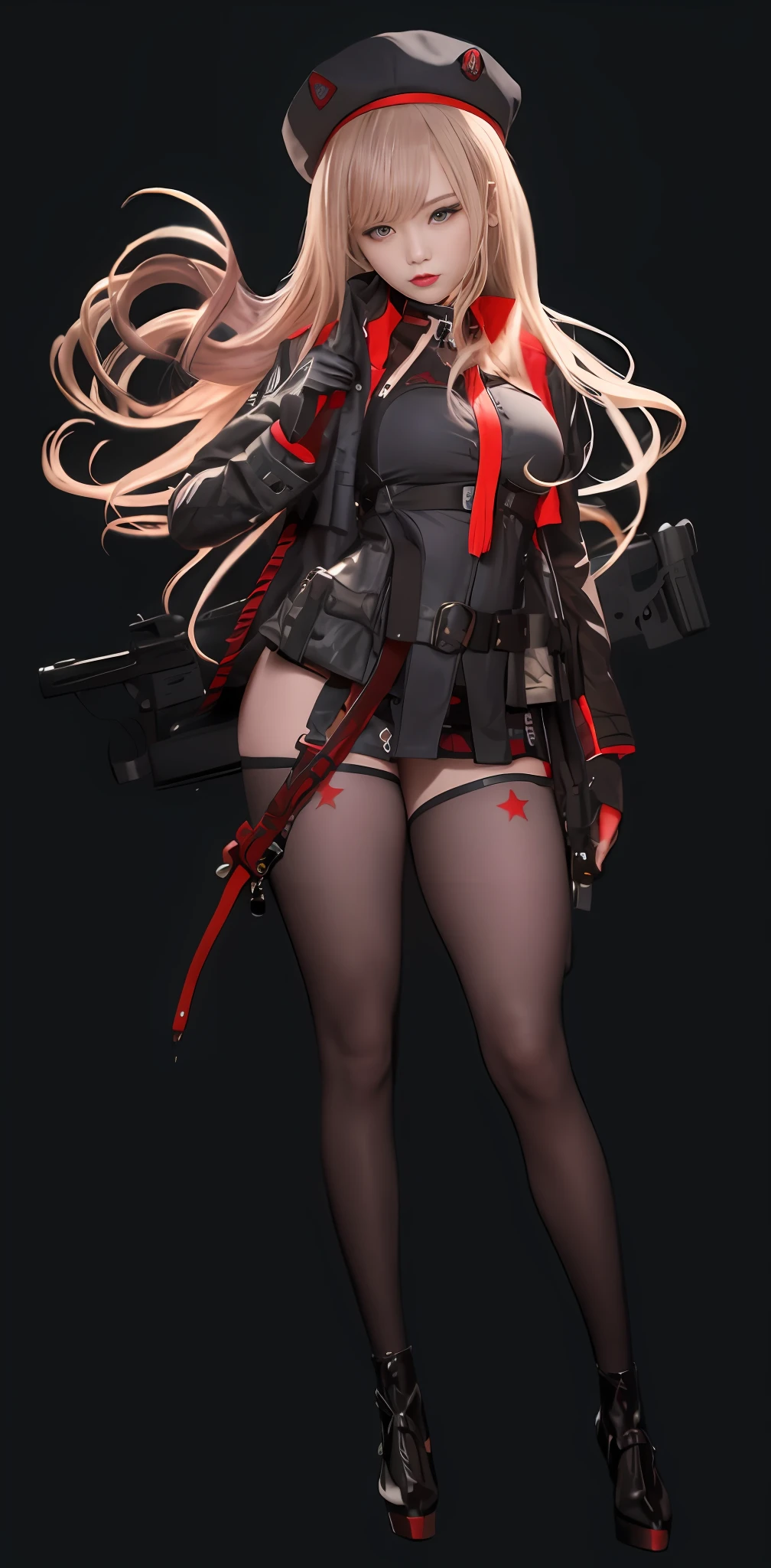 Goddess of Japan with a gun on her back, Wearing a red and black hat and a red and black uniform、Cosplay Gravure Idol、long hair with voluminous brown blonde hair,,,,,,,,,,,,,,,,,,,,,,,,,,、G Cup、Wearing a black crop jacket with a large collar、Wearing black instep and red palm gloves、The right hand grabs the shoulder strap of the gun on the back at the base of the shoulder.、The waist belt comes with several small pouches、Bullets hang from both sides of the hips to the thighs、Red band hanging from under the chest、Black garter stockings with red star logo、Wear short boots with high heels in red and black intricate design