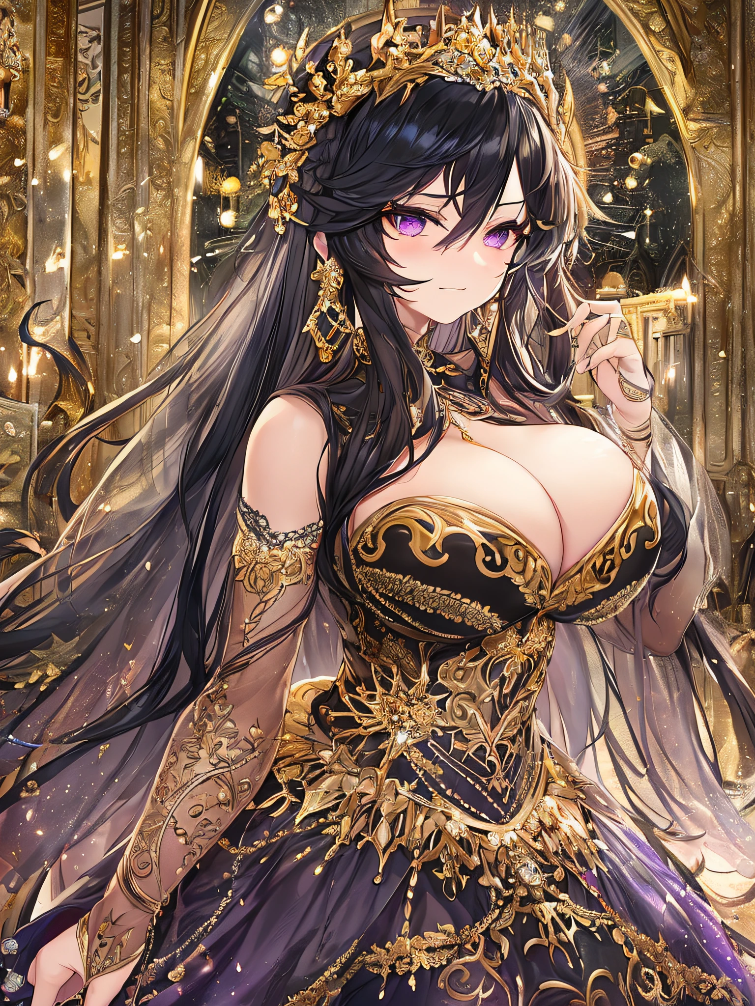 ((anime artstyle)),(Masterpiece),(Best Quality), (Super Detail),((Very Delicate and Beautiful)),Focus on character,Dynamic Angle,Looking at viewer,((Solo)),standing,((full body)),((one cute queen in gorgeous embroidery black and gold gorgeousfull BlingBling ball gown with voluminous skirt)),((BlingBling)),((arrogant)),(((smug))),(Purple eyes),Sharp eyes,detailed face and eyes,jewel-like eyes,(((Very Long voluminous black Hair))),Straight Hair,((Bangs between eyes)),((gorgeousfull embroidery and lace)),gorgeous corsage,See-through,Gorgeous jewelry ornaments,gorgeousfull BlingBling hair ornament,(gorgeousfull BlingBling tiara with jewels),ornate ruffles,curvy,skindentation,((gigantic breasts,Long breasts)),((full body)),(hoop skirt,crinoline),(((gorgeous embroidery and jeweled black and gold BlingBling gorgeousfull ball gown with voluminous skirt)))