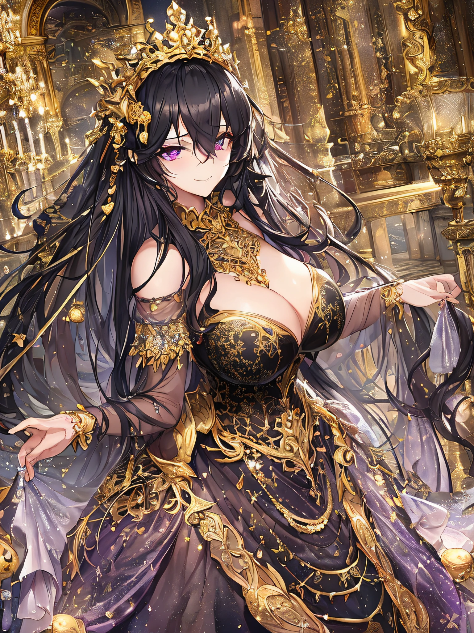 ((anime artstyle)),(Masterpiece),(Best Quality), (Super Detail),((Very Delicate and Beautiful)),Focus on character,Dynamic Angle,Looking at viewer,((Solo)),standing,((full body)),((one cute queen in gorgeous embroidery black and gold gorgeousfull BlingBling ball gown with voluminous skirt)),((BlingBling)),((arrogant)),(((smug))),(Purple eyes),Sharp eyes,detailed face and eyes,jewel-like eyes,(((Very Long voluminous black Hair))),Straight Hair,((Bangs between eyes)),((gorgeousfull embroidery and lace)),gorgeous corsage,See-through,Gorgeous jewelry ornaments,gorgeousfull BlingBling hair ornament,(gorgeousfull BlingBling tiara with jewels),ornate ruffles,curvy,skindentation,((gigantic breasts,Long breasts)),((full body)),(hoop skirt,crinoline),(((gorgeous embroidery and jeweled black and gold BlingBling gorgeousfull ball gown with voluminous skirt)))