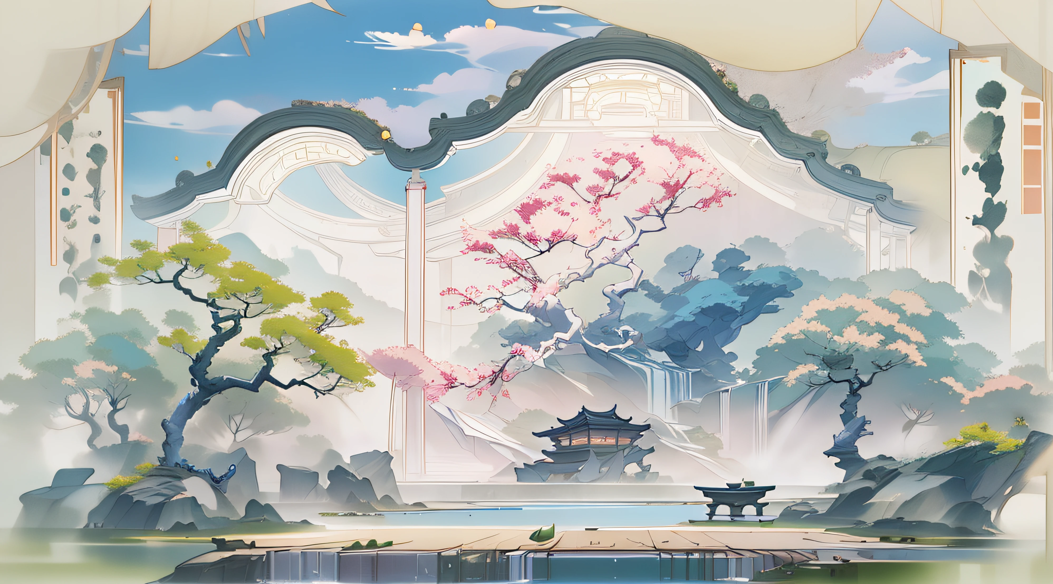 Antique game scene design，big trees，florals，Lotus architecture，Floating table，A blue sky，White cloud，Chinese ink painting OC rendering sculpture