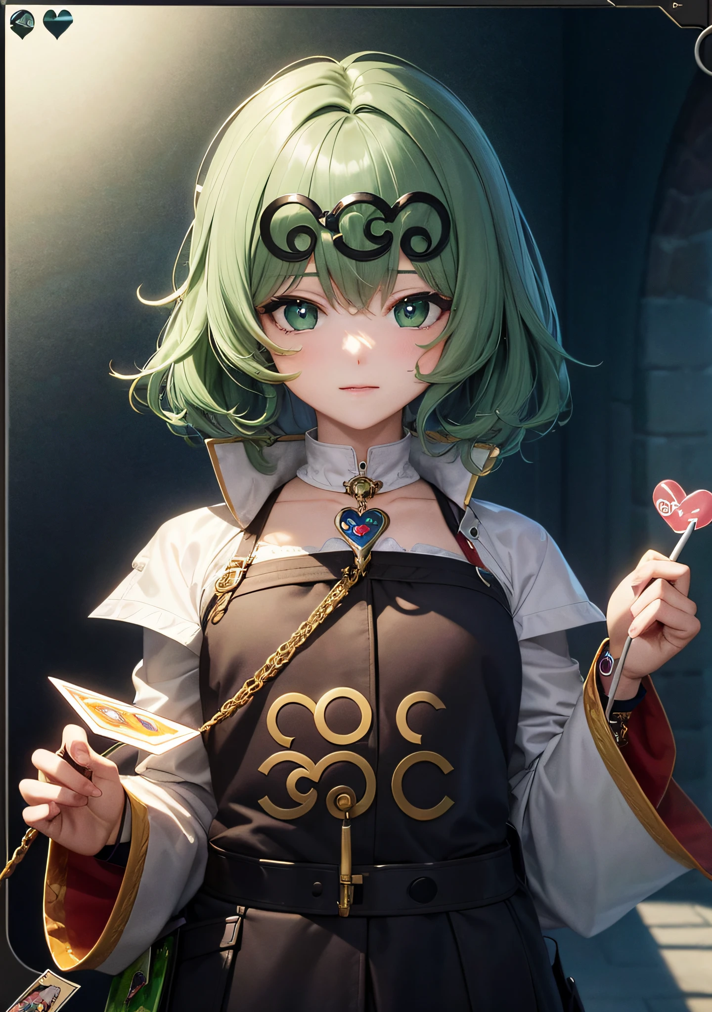 (beautiful CG artwork), (best quality, ultra-detailed, high resolution), (masterpiece, top quality, best quality, official art, cart, gray, green hair, heart, (good lighting:1.1), tarrot card style