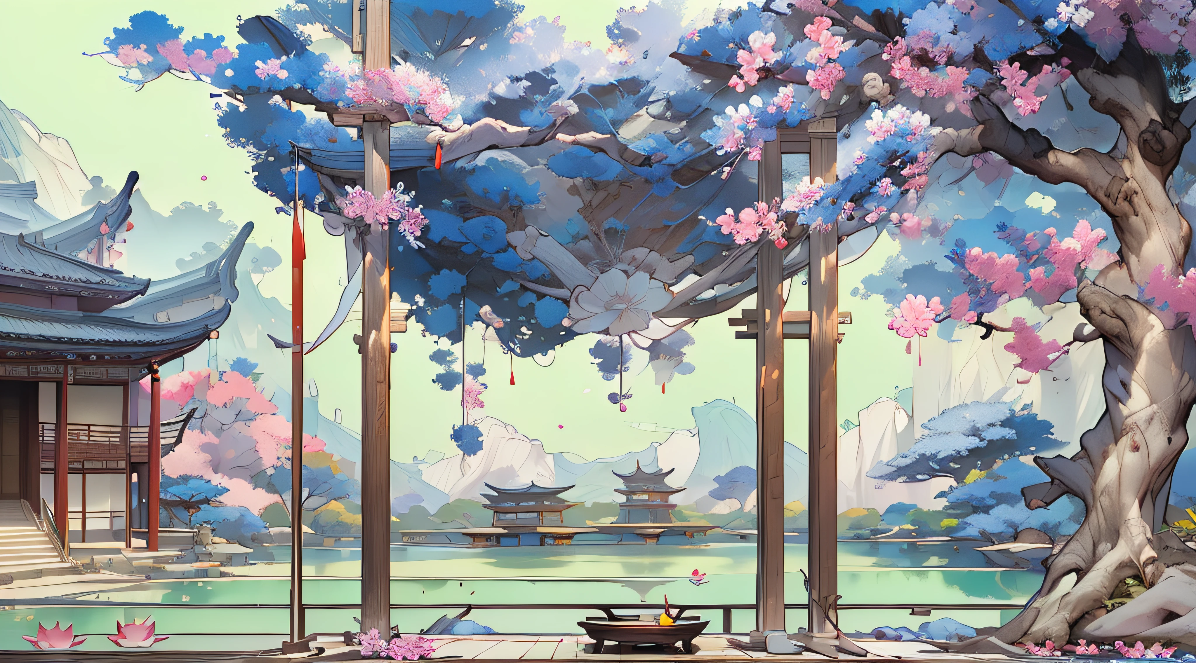 Antique game scene design，big trees，florals，Lotus architecture，Floating table，A blue sky，White cloud，Chinese ink painting OC rendering sculpture