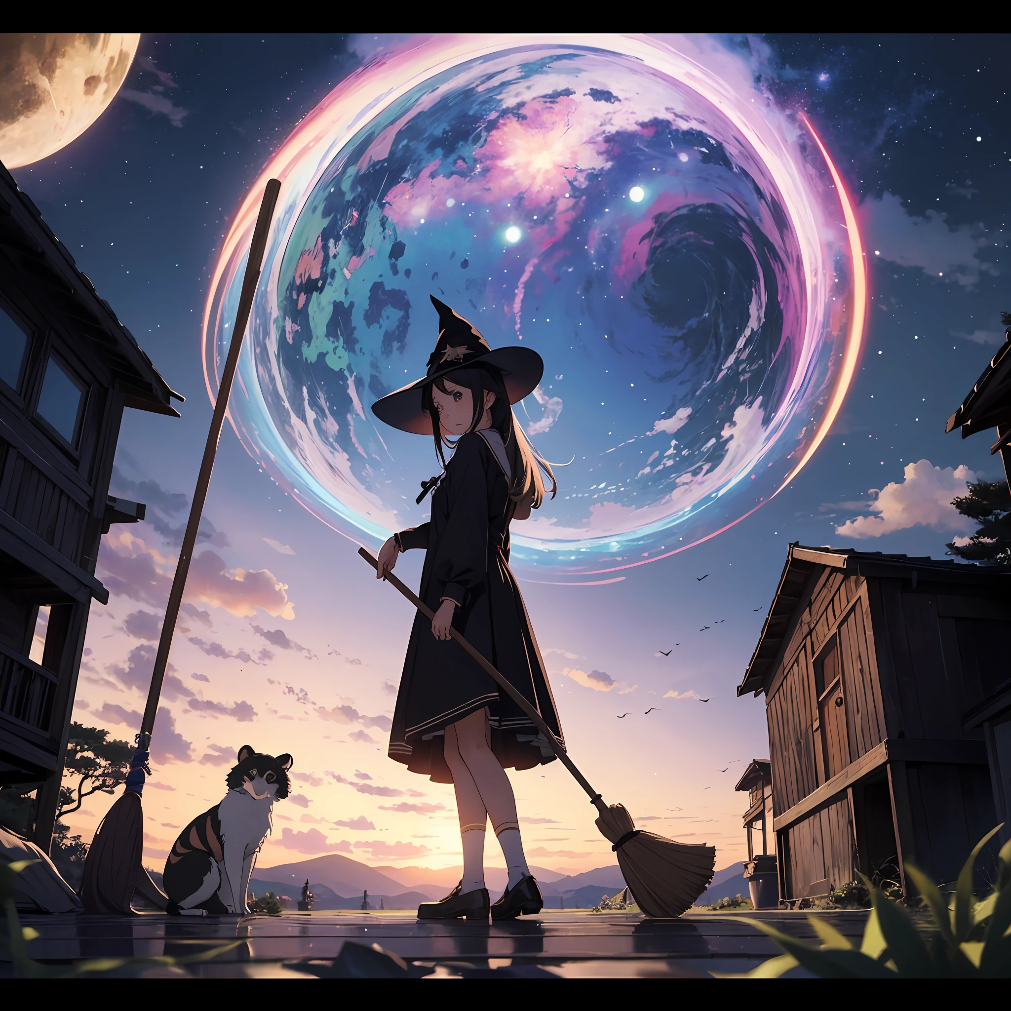 masterpiece、animesque、teens girl、the witch、Fly in the sky with a broom、Wearing a pointed hat、Tanuki on the shoulder of a girl、Composition looking down at an angle、Fantasia、Star chips、Makai no Sora、Makai no Mori