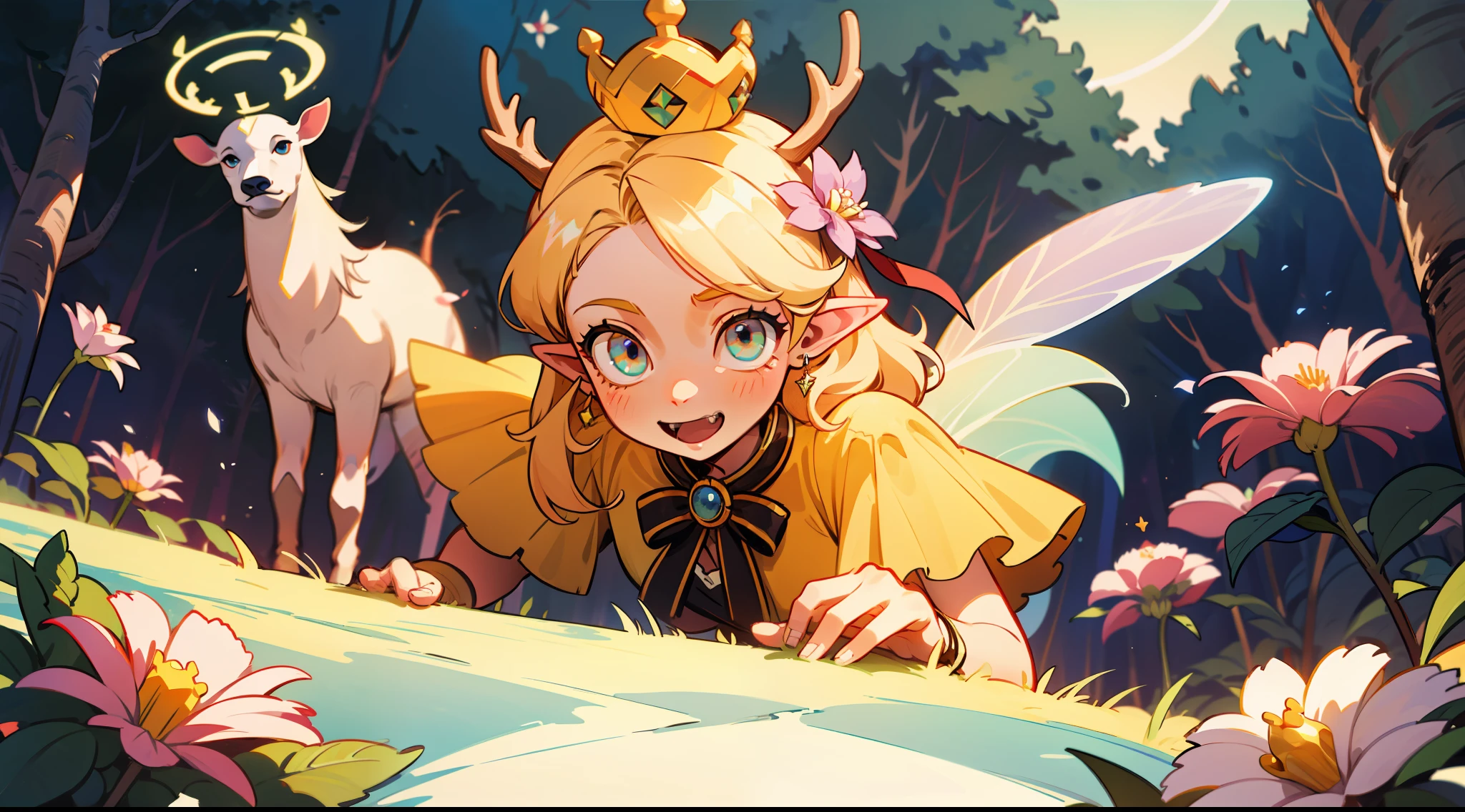 Fairy tale picture book,the elf，the Flower Fairy，Fairytales，In the forest，long eyelasher, solid circle eyes, Light smile, Fang, Blonde hair, Halo, crown, Hairpin, shairband, hair pin, Hair ribbon, hair flower, hair adornments, Hair Bow, ribbon, Horns, deer antlers, surrealism, angle of view, Atmospheric perspective, Depth of field, Ray tracing, character sheets, first person perspective, angle of view, in a panoramic view, Eye level shots, Wide-angle, Ultra-wide angle, 35mm, 8K, Super detail, ccurate, Best quality, hyper HD, retinas, Masterpiece, Anatomically correct, Textured skin, High details, High quality