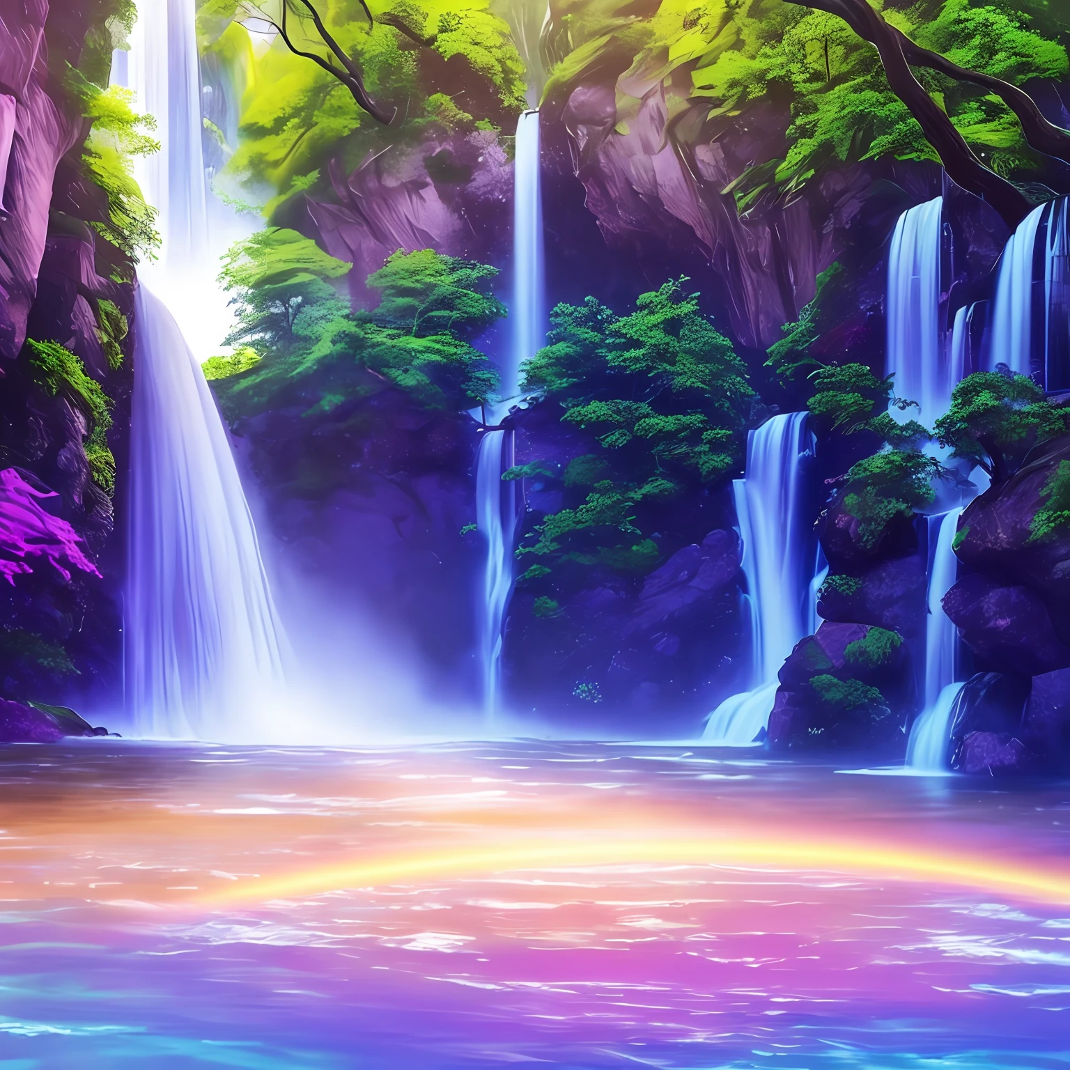 Write an AI painting descriptor, The picture is a dreamy blue-purple landscape landscape, Countless waterfalls rush from high to low, The same majestic light purple mist, Under sunlight, A rainbow appeared, The picture is detailed and realistic, Photorealistic photorealism。, Surrealism, Fujicolor, panorama, UHD, super detail --auto