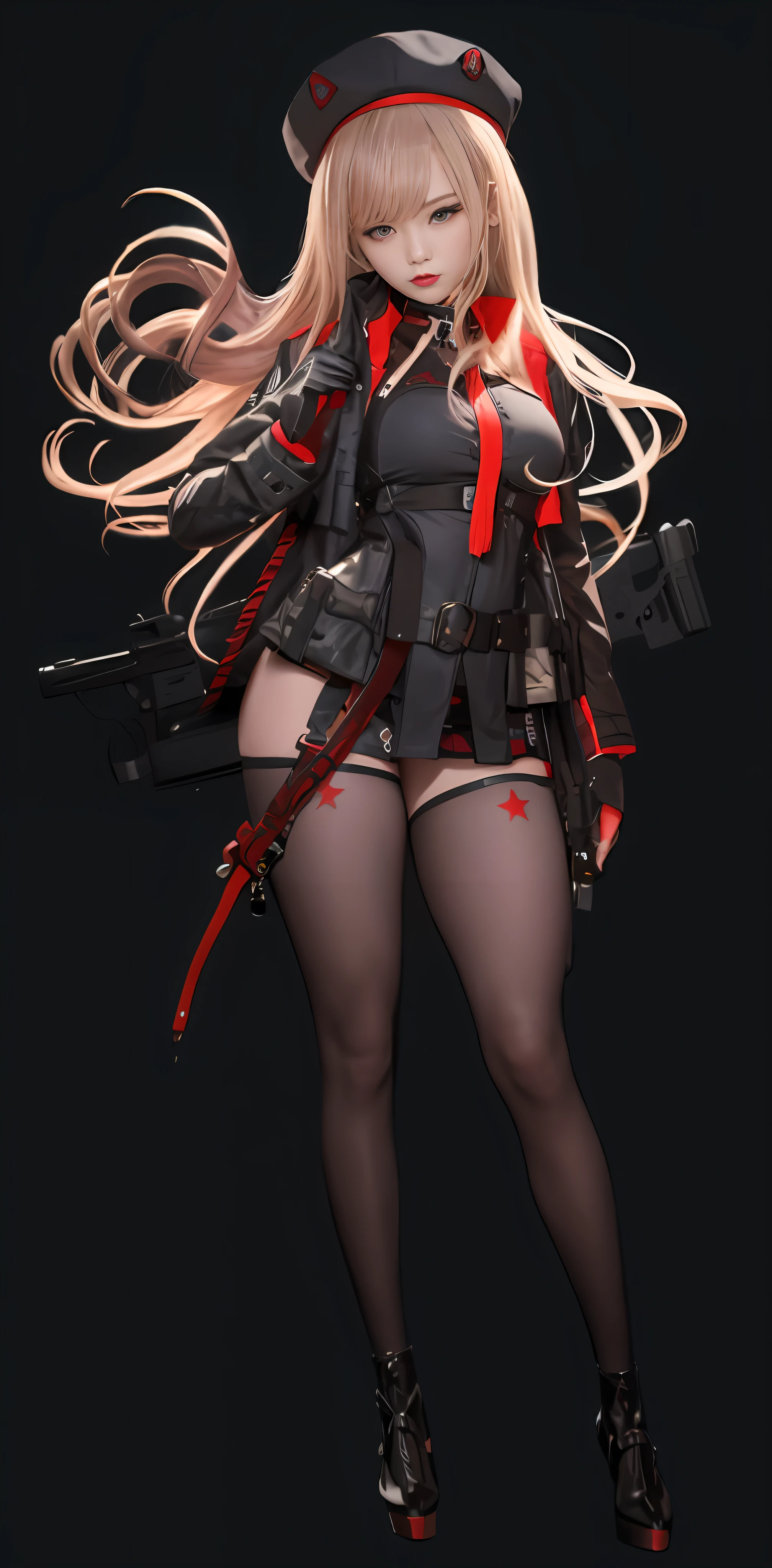 Goddess of Japan with a gun on her back, Wearing a red and black hat and a red and black uniform、Cosplay Gravure Idol、long hair with voluminous brown blonde hair,,,,,,,,,,,,,,,,,,,,,,,,,,、G Cup、Wearing a black crop jacket with a large collar、Wearing black instep and red palm gloves、The right hand grabs the shoulder strap of the gun on the back at the base of the shoulder.、The waist belt comes with several small pouches、Bullets hang from both sides of the hips to the thighs、Red band hanging from under the chest、Black garter stockings with red star logo、Wear short boots with high heels in red and black intricate design