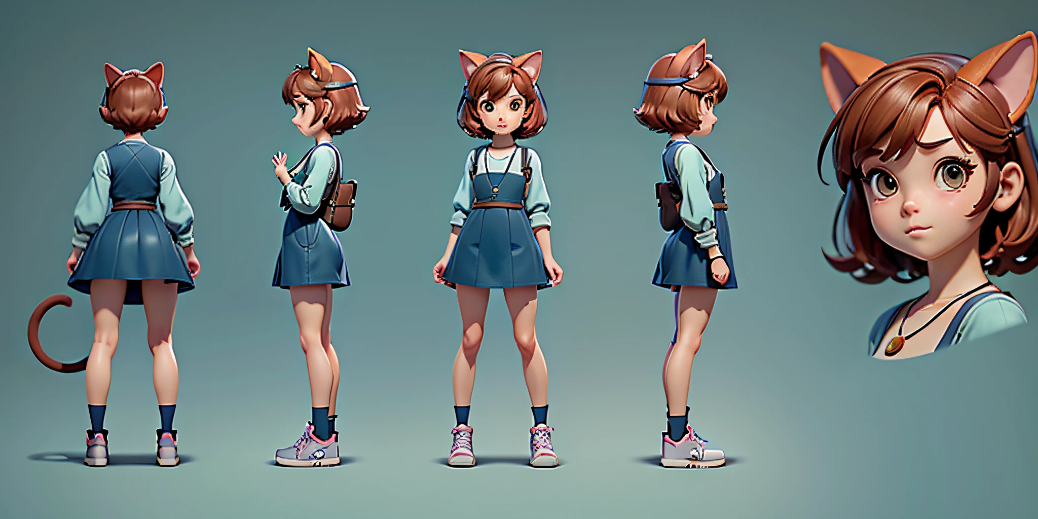 (Exact same character table :1.4)(Gradient background:1.2), (Simple studio background:1.2), (Best quality, Masterpiece), (Realistic), RAW photo.No text(Best quality:1.3, Masterpiece:1.3), (tchibi), A cat-eared girl, 3 , Cute and lively, with short brown hair, With moon necklace, a blue dress, Stylish sneakers, There is no cat's tail, (full body), reference sheet, Photorealistic, High detail, Blind box toy style, Anime, by Pixar, Ghibli-like colors