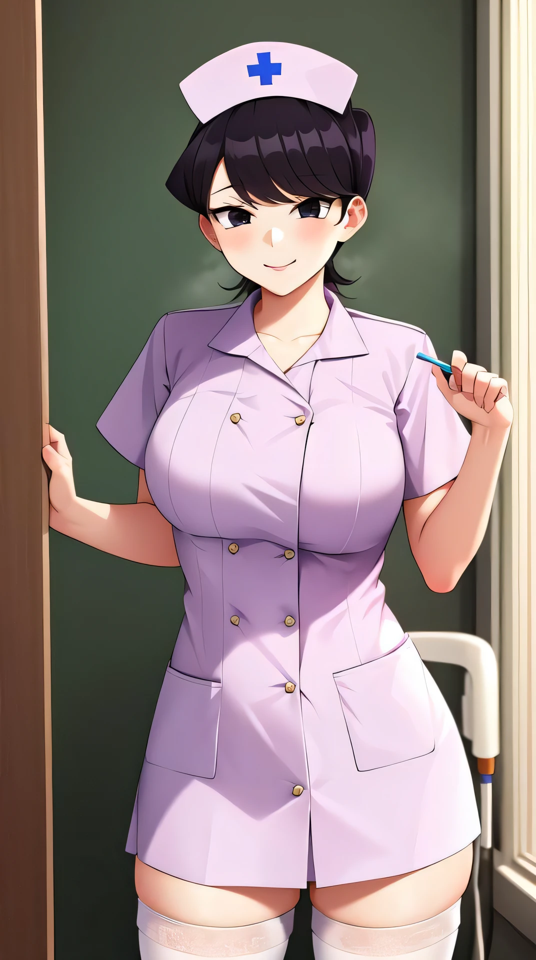 pixel-Komi-Shuuko, 1girl, solo 1girl, nurse's uniform, white stockings, hospital, masterpiece, best quality
