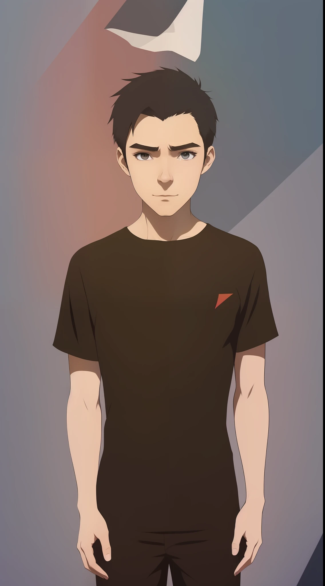 [by Artgerm and WLOP and Ilya Kuvshinov and RHADS and Loish and Rossdraws] by artist "anime", Anime Key Visual, Japanese Manga, Pixiv, Zerochan, Anime art, Fantia, young man with 20 years of short brown hair, (((full body))), black shirt, slim, Corte quiff