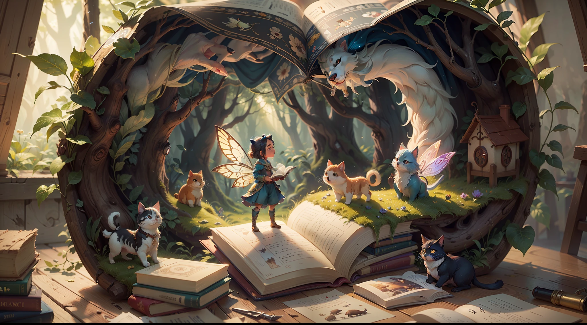 A fantastical fairy tale picture book, open state, animals and magical light emerge from the book, (((4K, masterpiece, high quality, high details)))