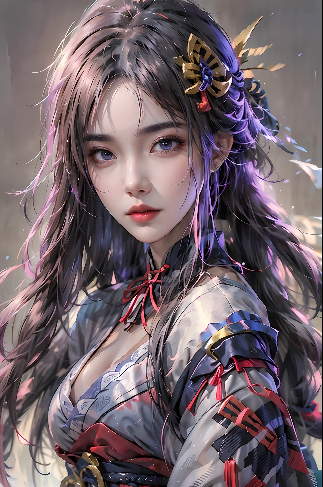 photorealistic, high resolution, 1 girl, hips up, long hair, beautiful eyes, normal breast, raiden shogun costume