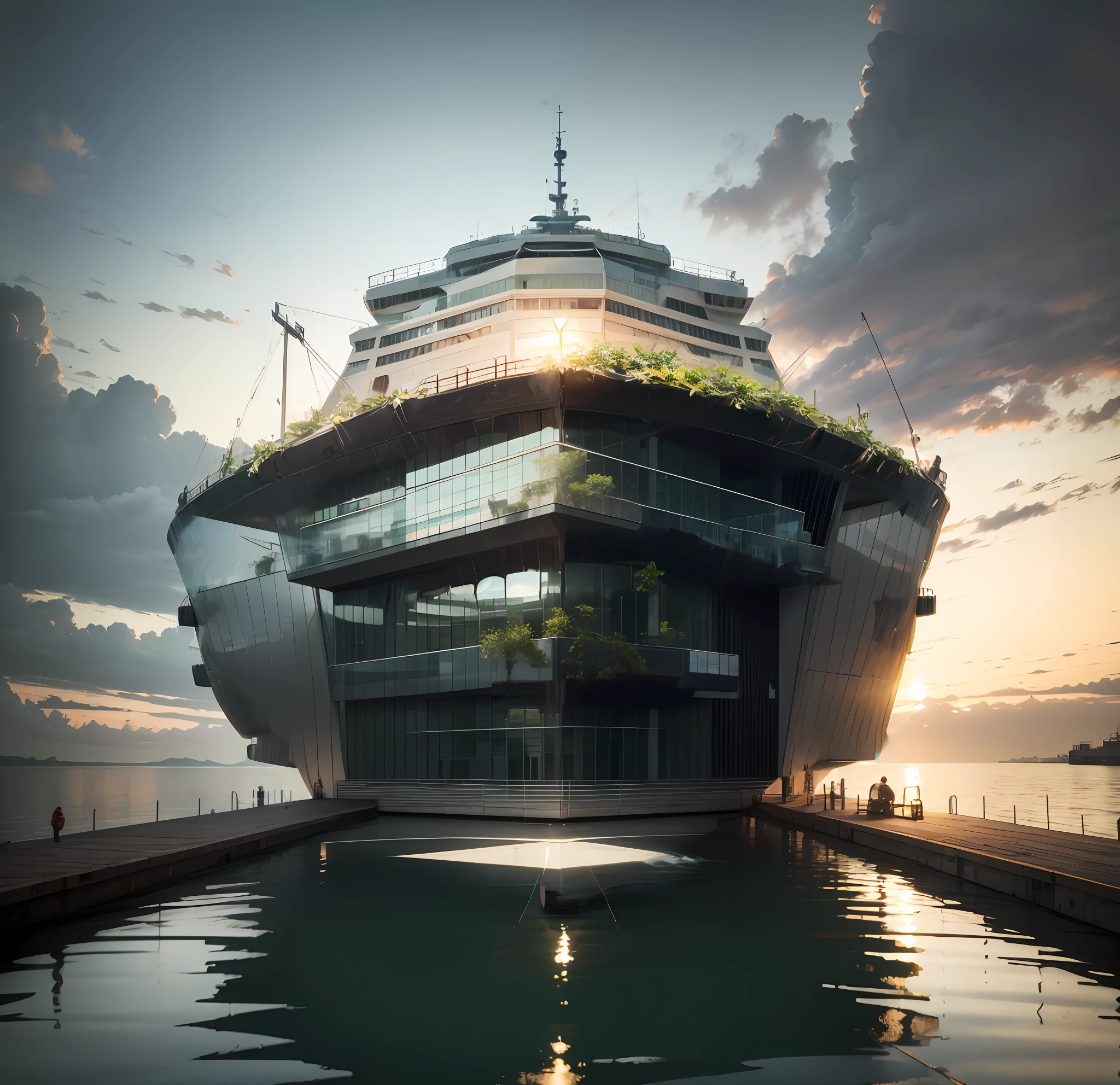 Increase building floors,The floor glass shrinks a little,The whole is symmetrical and neat,The walls of the building are silver-white,There is green plant cover
