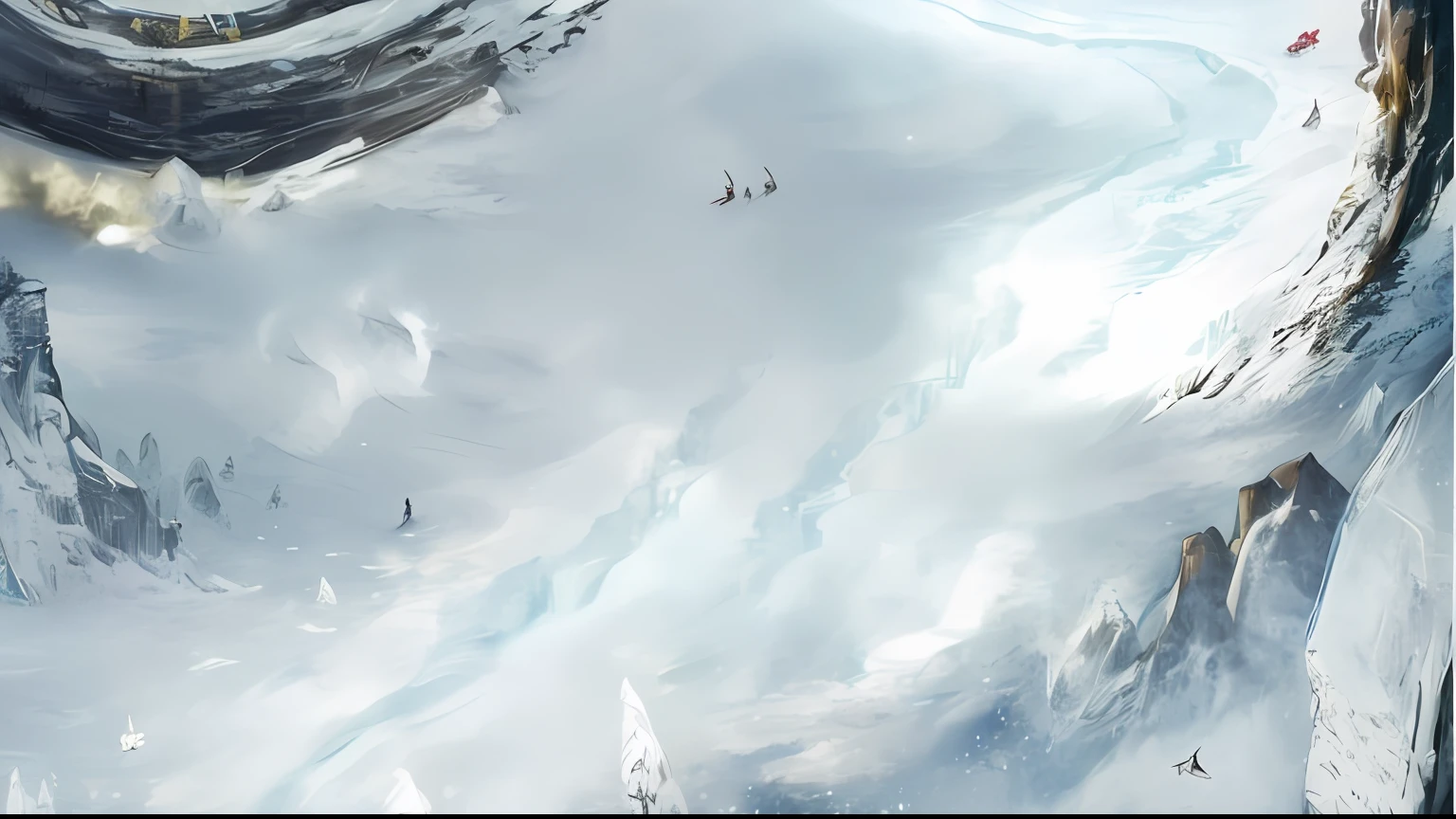 Skiers are skiing from snowy mountains，Admire the snow-covered area, background aerial battle, Arte conceitual de inverno, amazing wallpapers, Battle of Hoth, planet hoth, snow wasteland, background artwork, painting of wild hunt in the sky, Frost Punk, phone background, hq 4k phone wallpaper, Theme :《Icewind Dale》, Winter wind