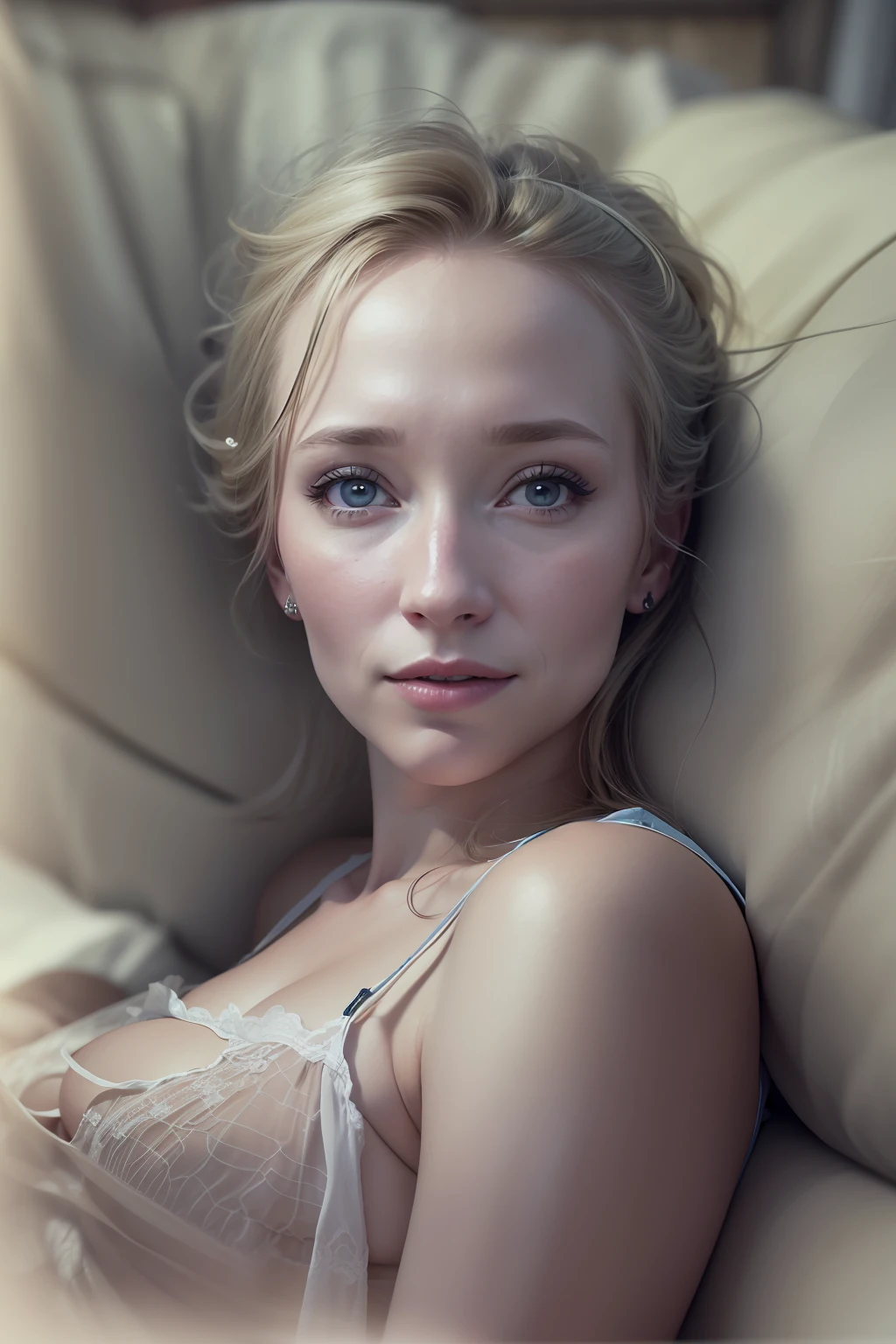 ((a forest cabin with a fireplace)), (((Anne Heche sitzt auf einer Couch vor dem Kamin))), (((Anne Heche looks dreamy))), ((she has round breasts)), (she wears a dark blue top), (kleiner Kopf), ((detailliertes Gesicht)), (fotorealistisch), (Raytracing), (scharfer Fokus), ((natural realistic skin texture)), detaillierte Lippen, (sie hat viele Sommersprossen im Gesicht)), ((Portrait))