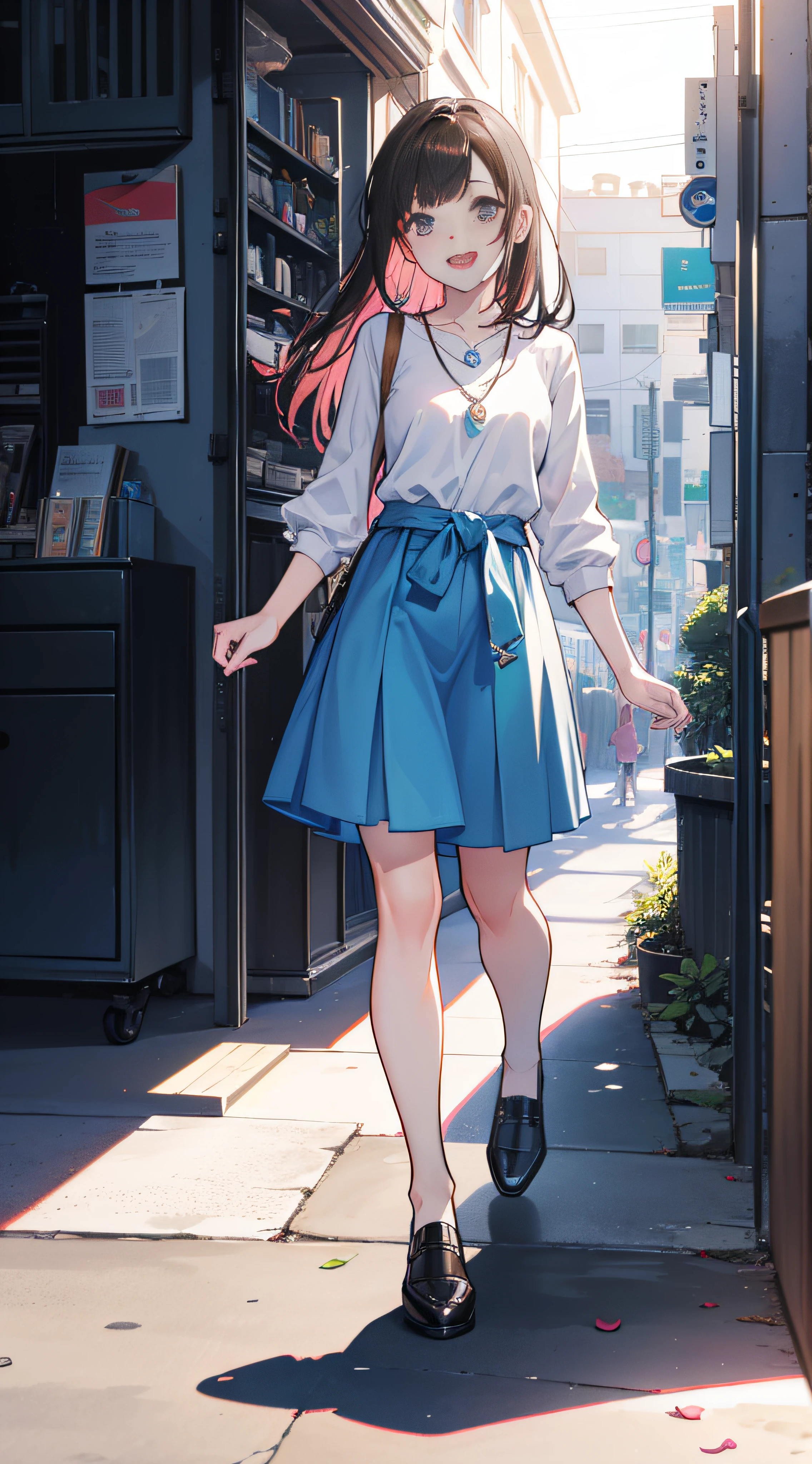 ((top-quality)), ((masterpiece)), (detaileds:1.4),Style image of woman in light blue blouse and pink skirt in bright city,Light is shining on the person ,Long, long hair to the waist,Hair Color Brown,Wearing a small necklace,long skirt, long skirt,summer clothing ,Looking at the camera、a smile、Woman laughing, modern casual clothing, casual clothing style, casual modern clothing, Laughing with open mouth、 full body length, Full body, HDR(HighDynamicRange),Ray traching,NVIDIA RTX,Hyper-Resolution,Unreal 5,sub-surface Scattering,PBR Texturing,Postprocess,Anisotropy Filtering,depth of fields,Maximum clarity and sharpness,multi-layer texture,Albedo and specular maps,Surface Shading,Accurate simulation of light-material interactions,perfectly proportions,Octane Rendering,Two-tone lighting,Wide aperture,Low ISO、White Balance、thirds rule、8K RAW、